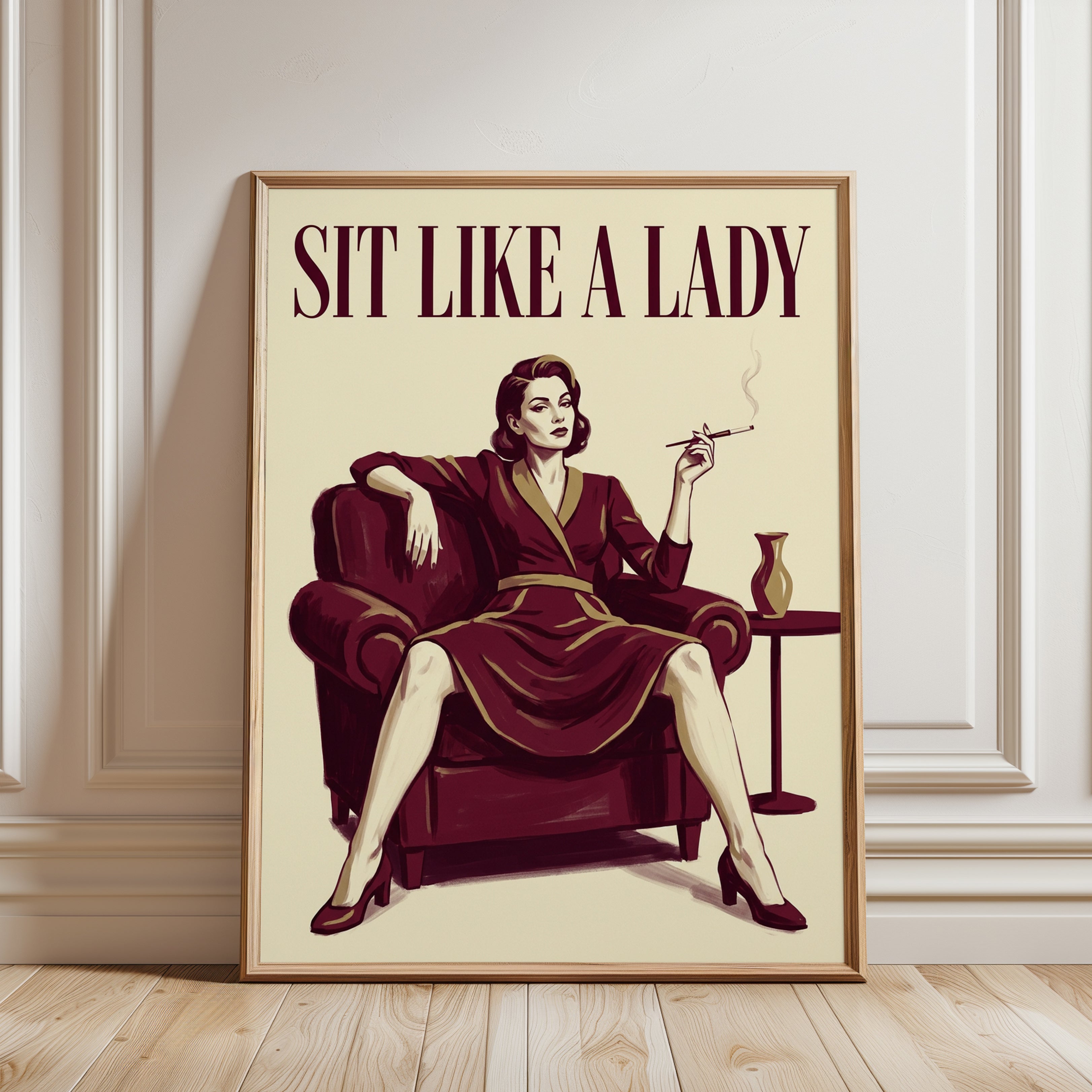 Sit Like a Lady Vintage Poster: Art Deco Burgundy Lounge Print - framed detail