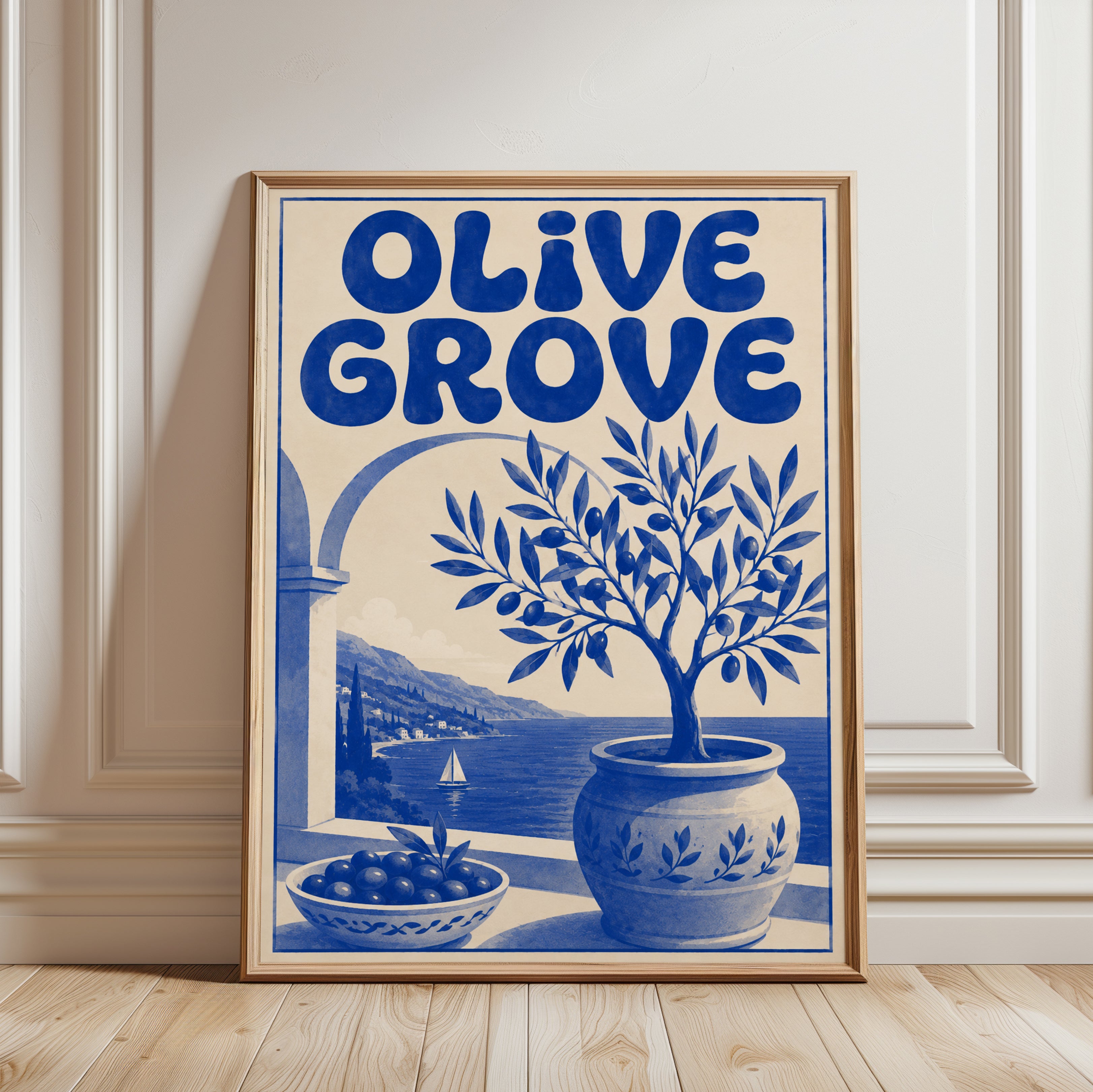 Vintage Mediterranean Olive Grove Print - framed detail