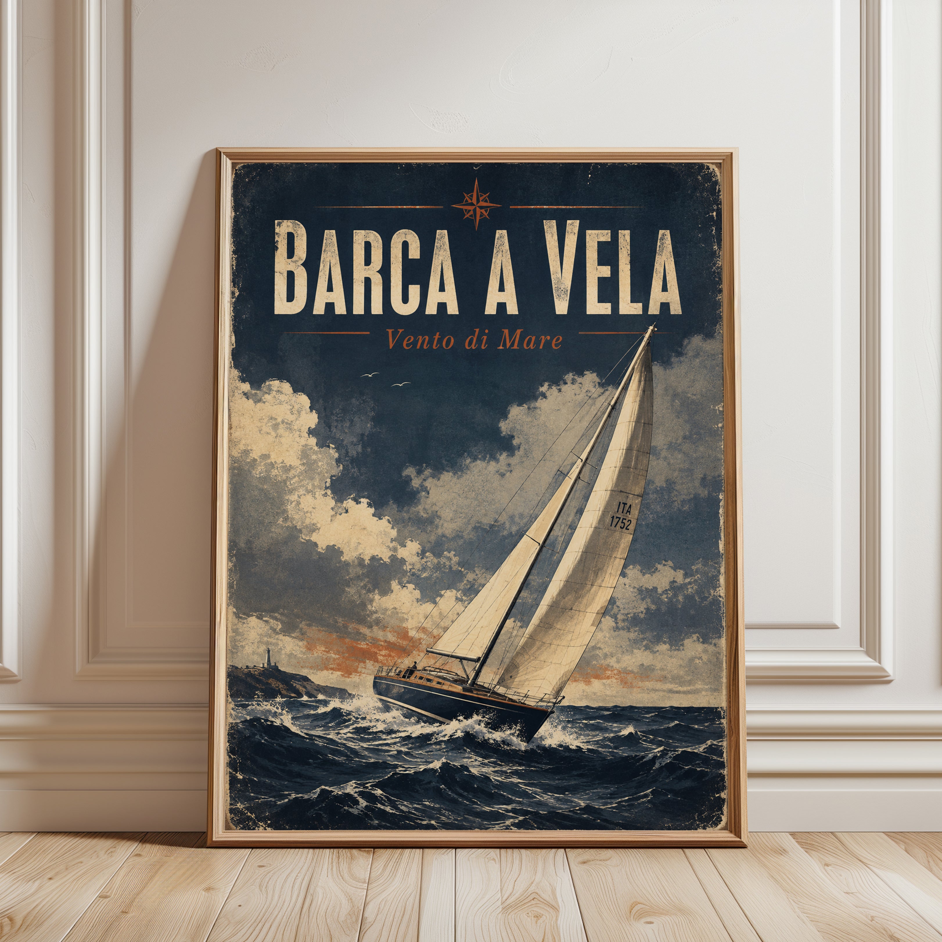 Vintage Italian Sailing Poster: Navy Blue Nautical Wall Art - framed detail