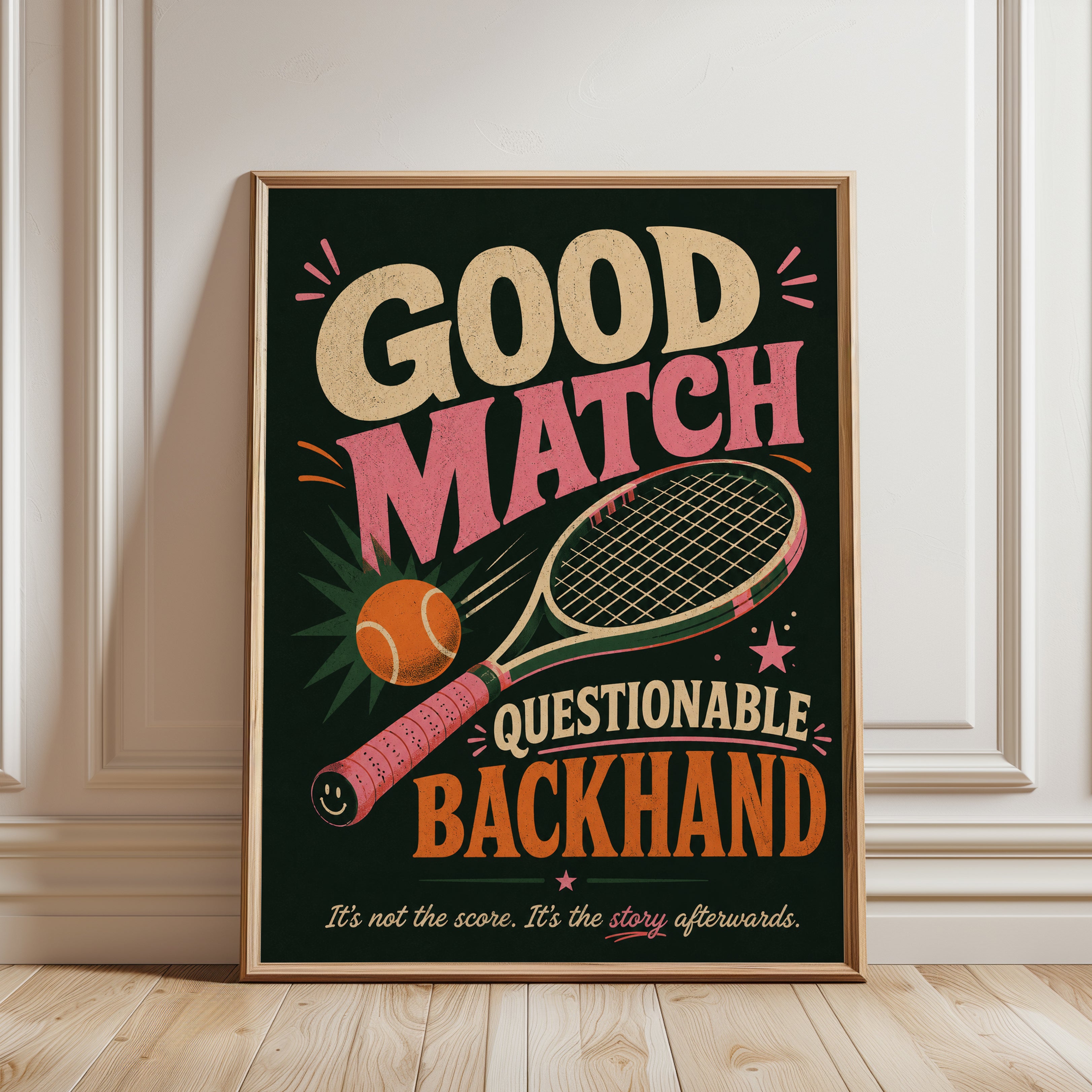 Tennis Print: Funny Vintage Sports Poster (Home Gym or Game Room) - framed detail