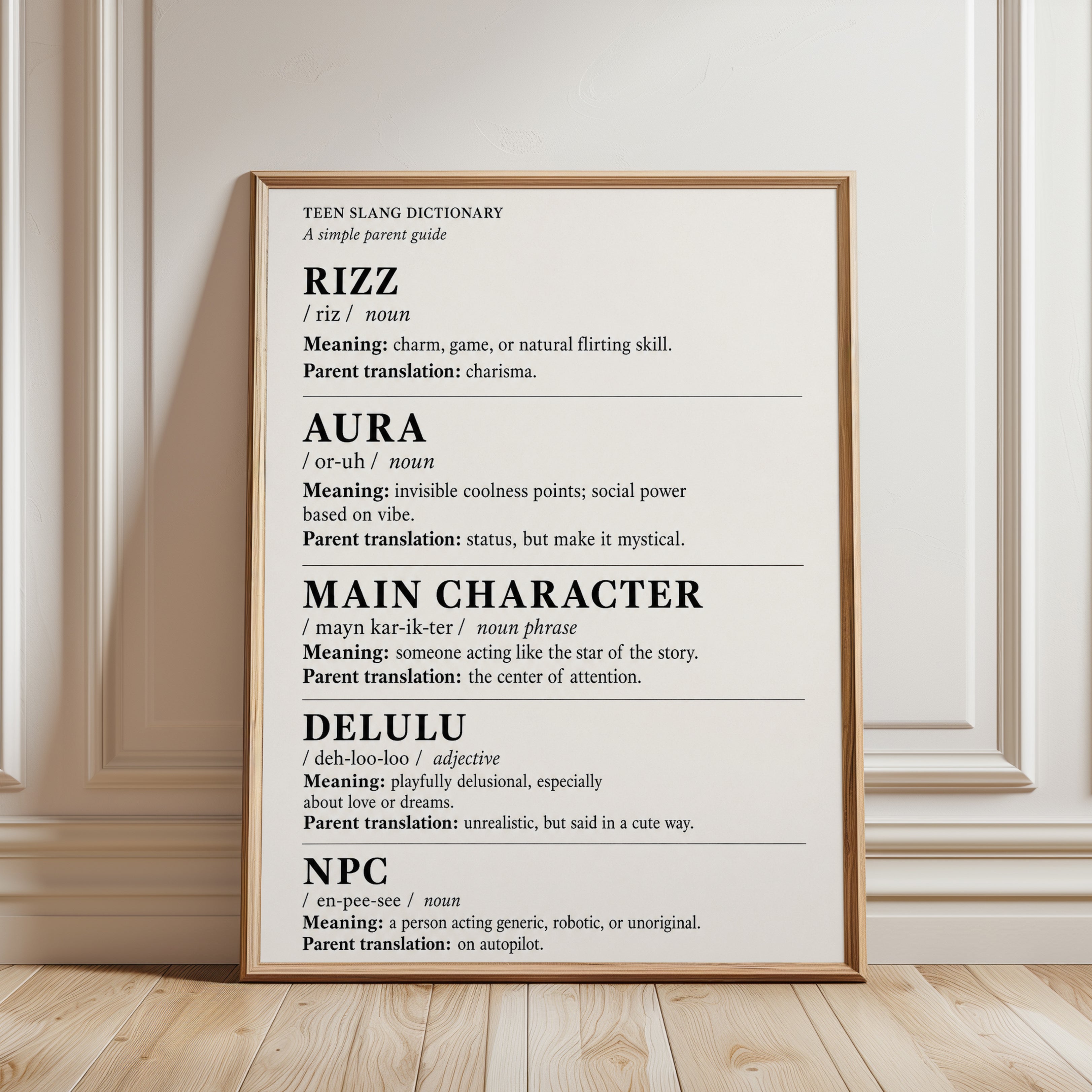 Teen Slang Dictionary Print: Minimalist Typography Wall Art - framed detail