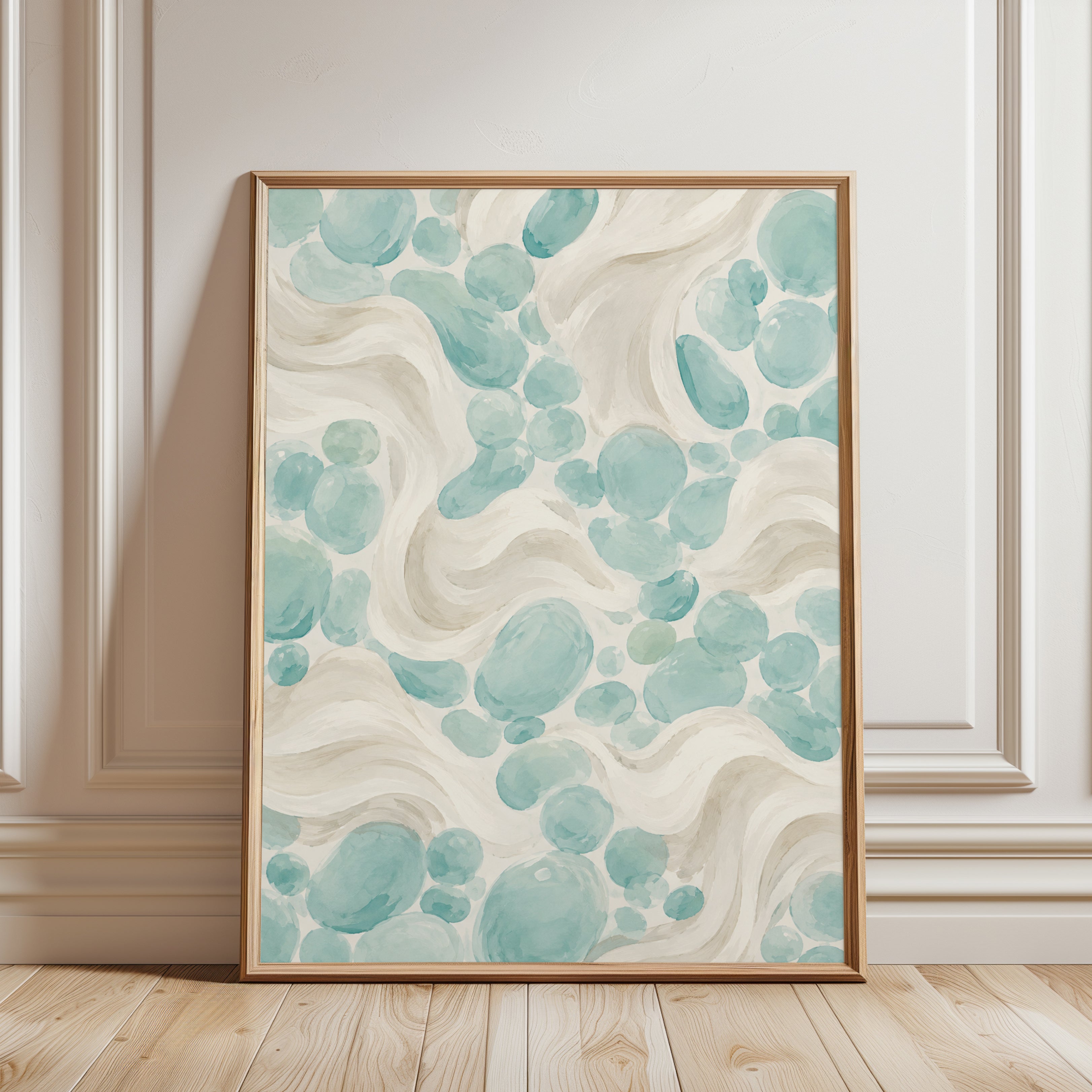 Aqua Watercolor Bubbles Art Print: Abstract Flow Design - framed detail