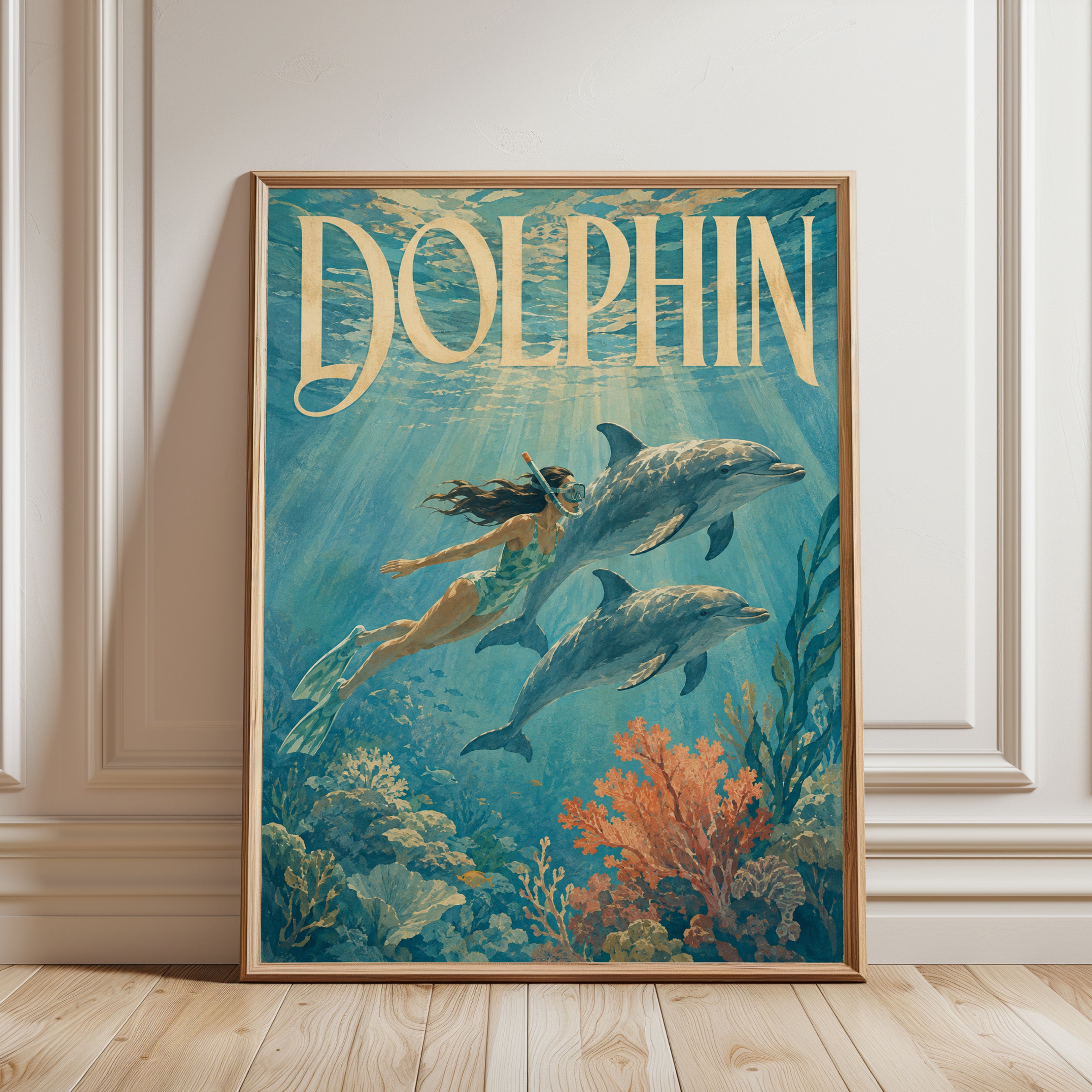 Dolphin Wall Art – Vintage Ocean Poster - framed detail