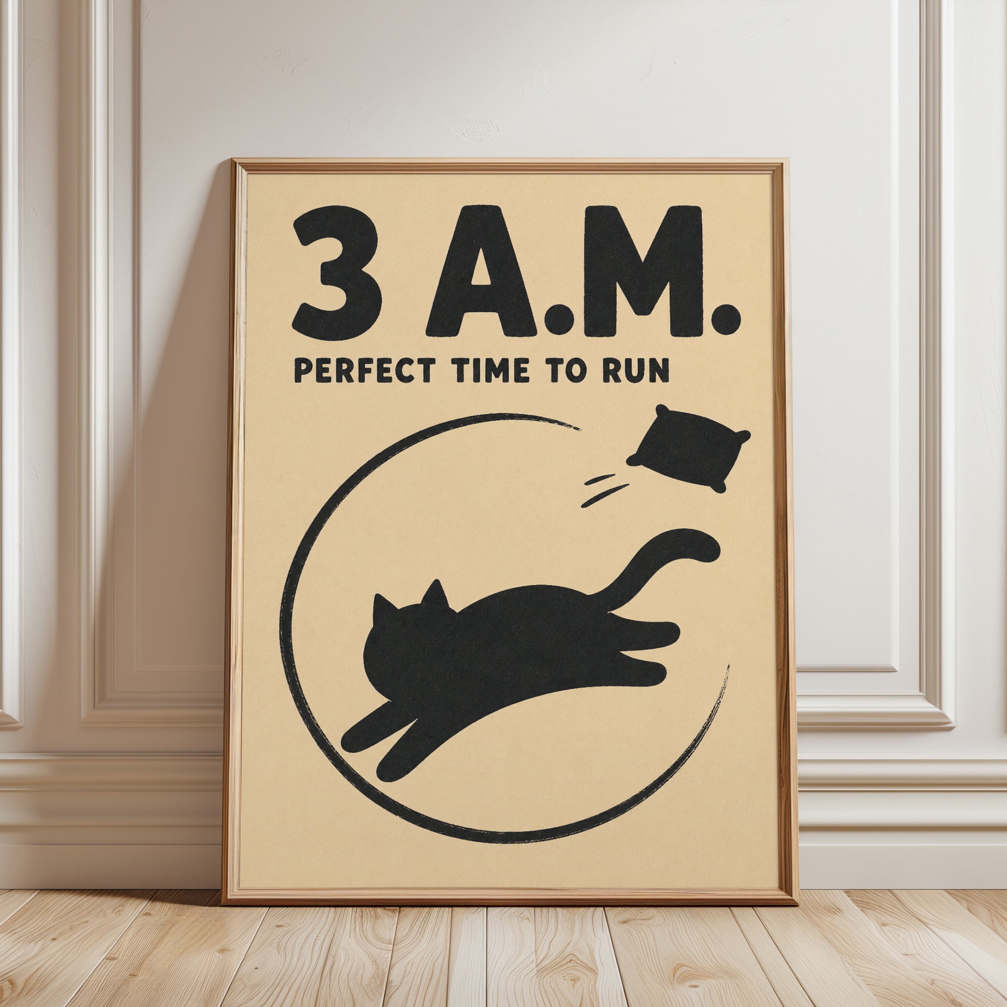 Funny Cat Print – 3AM Running Silhouette - framed detail