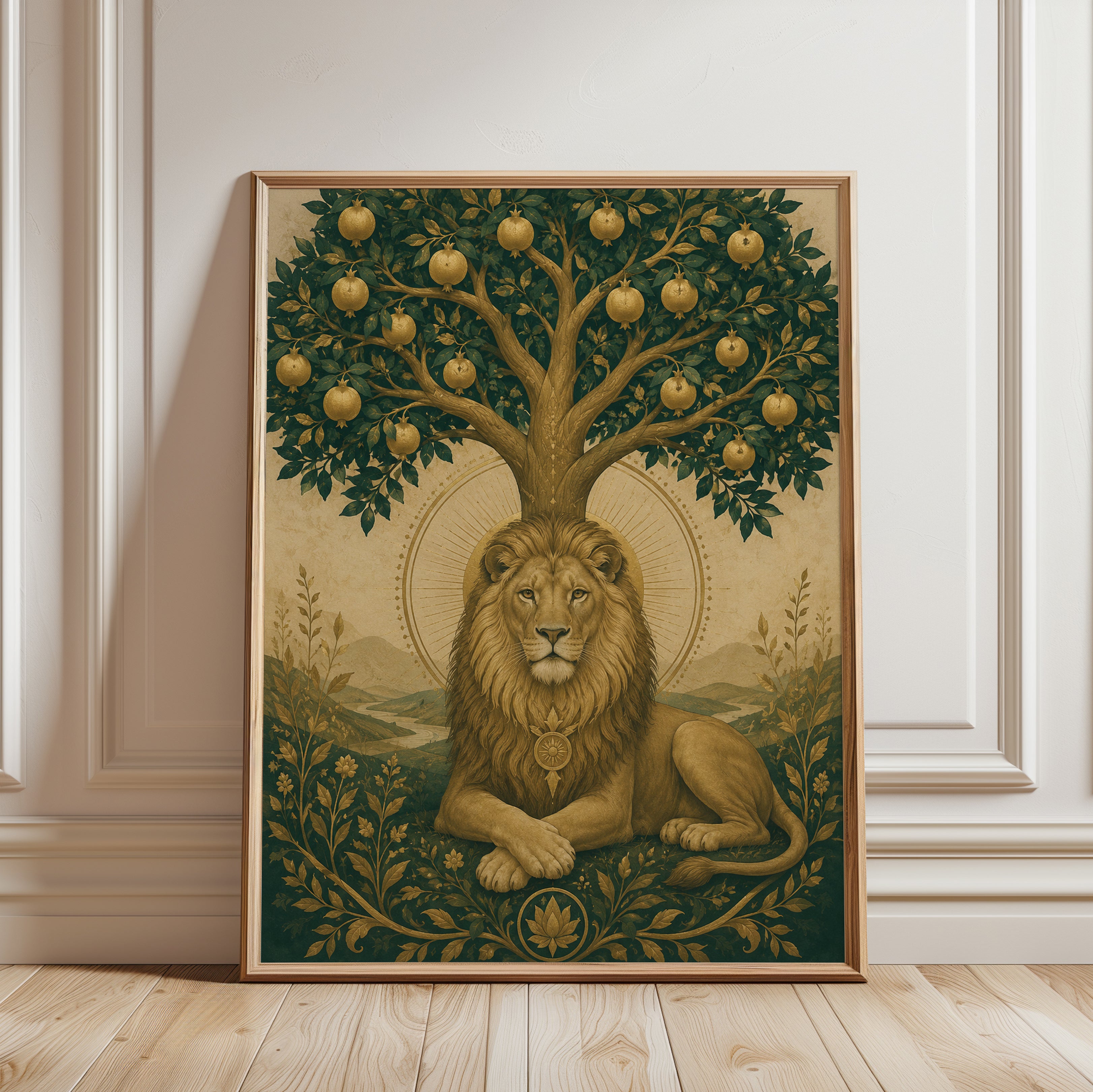 Medieval Lion Wall Art – Tree of Life Print - framed detail
