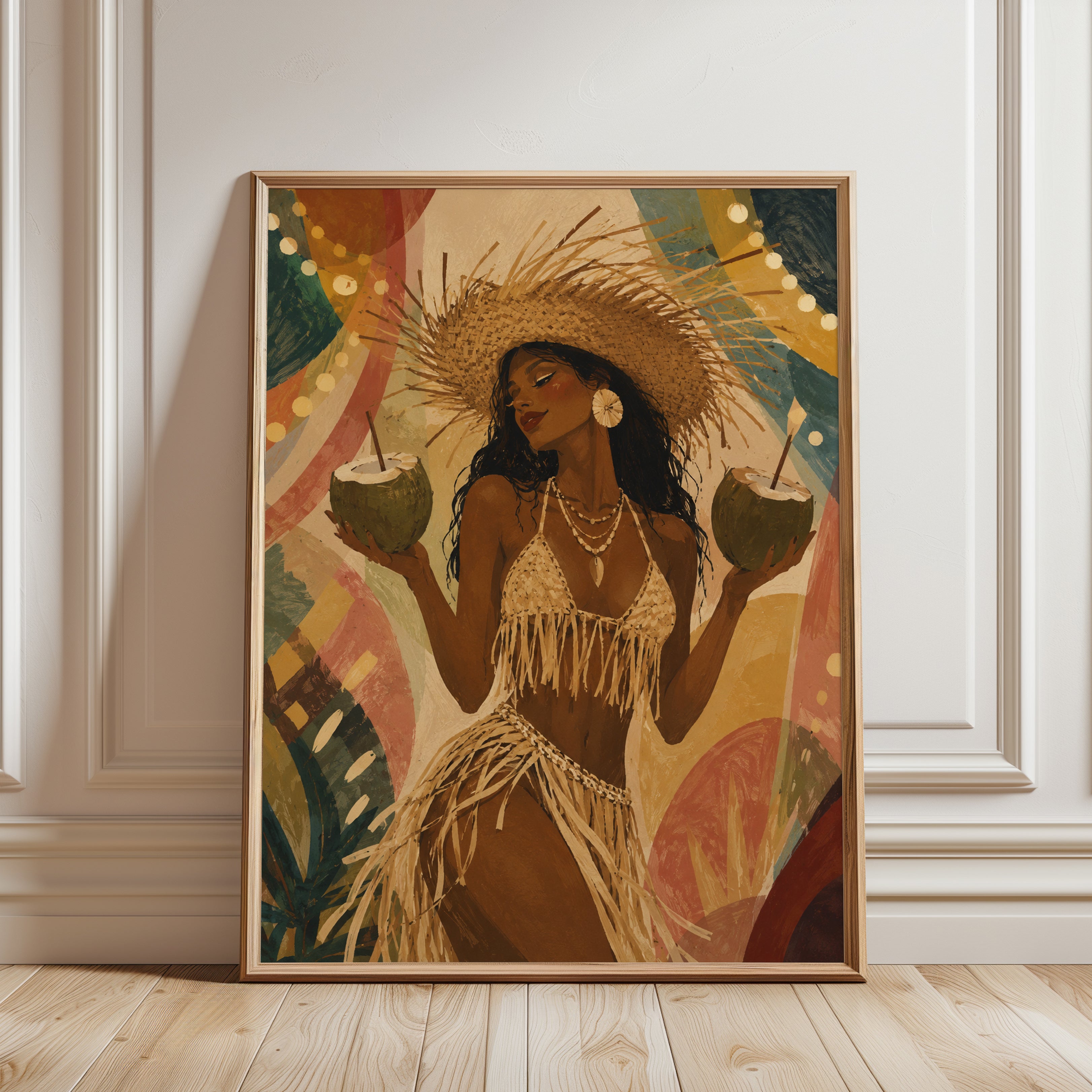 Tropical Beach Woman with Coconuts Art Print: Warm Bohemian Style - framed detail