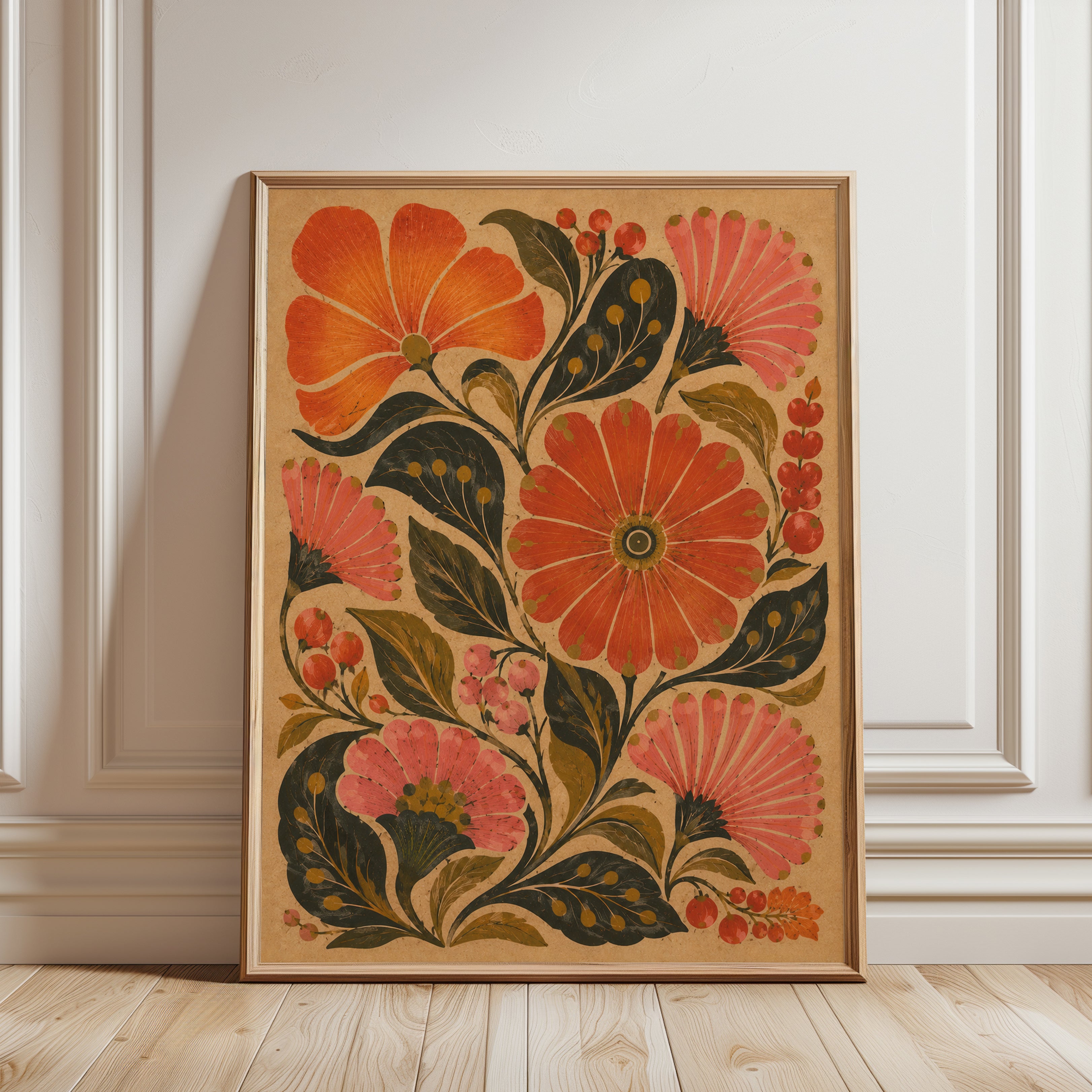 Folk Art Floral Print — Vintage Hand-Painted Blooms - framed detail