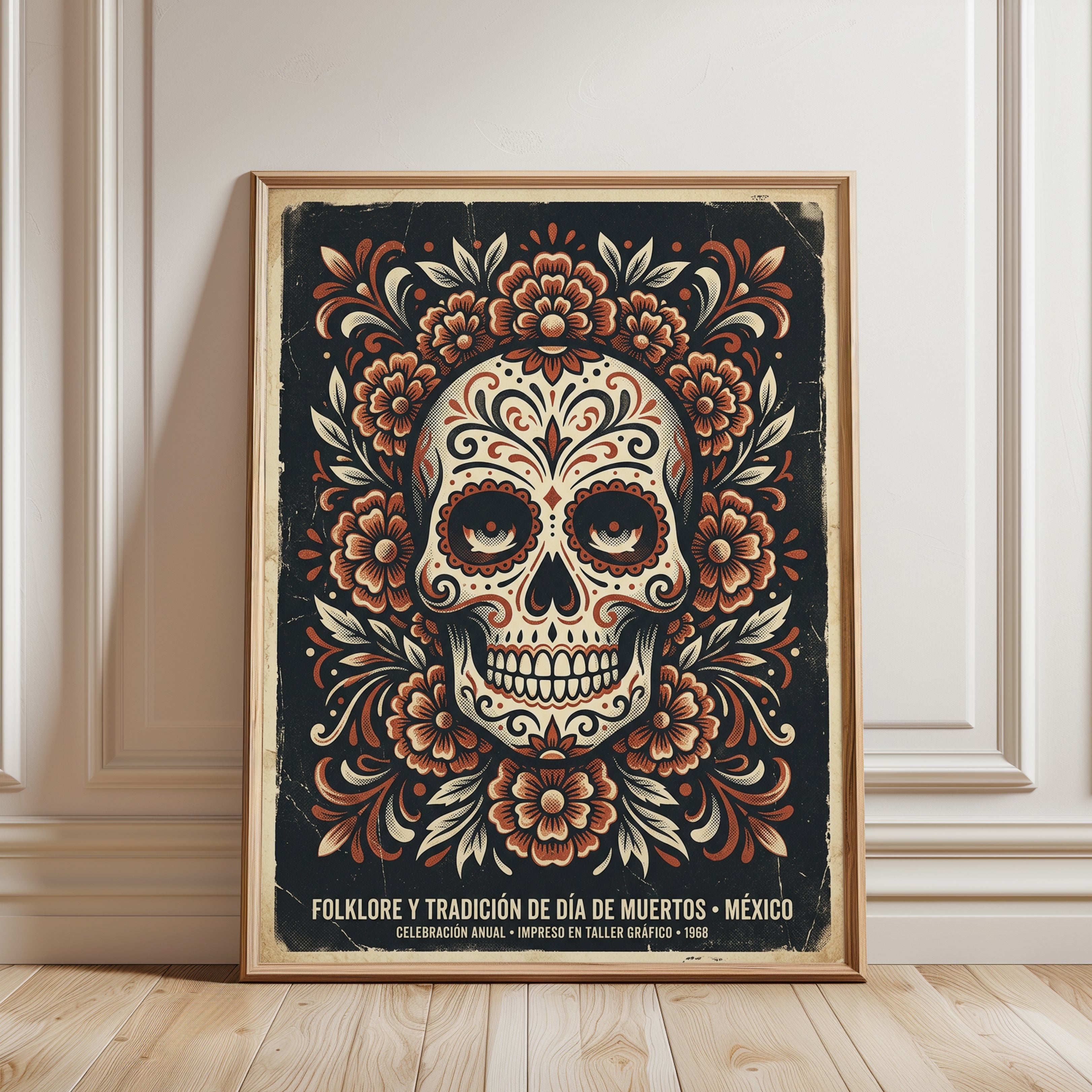 Día de Muertos Sugar Skull Print — Mexican Folk Art - framed detail