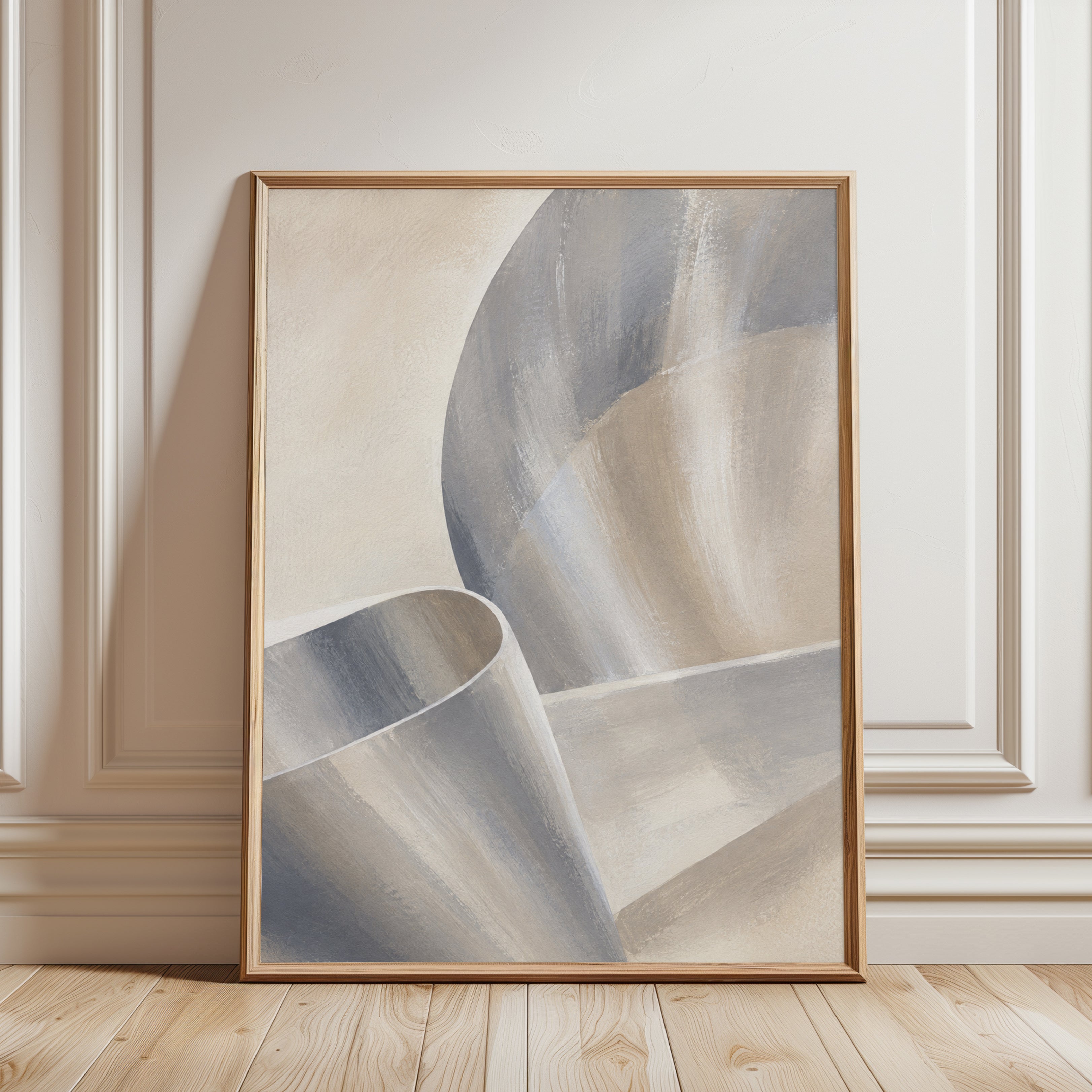 Abstract Curved Forms Art Print: Neutral Beige and Grey Tones - framed detail