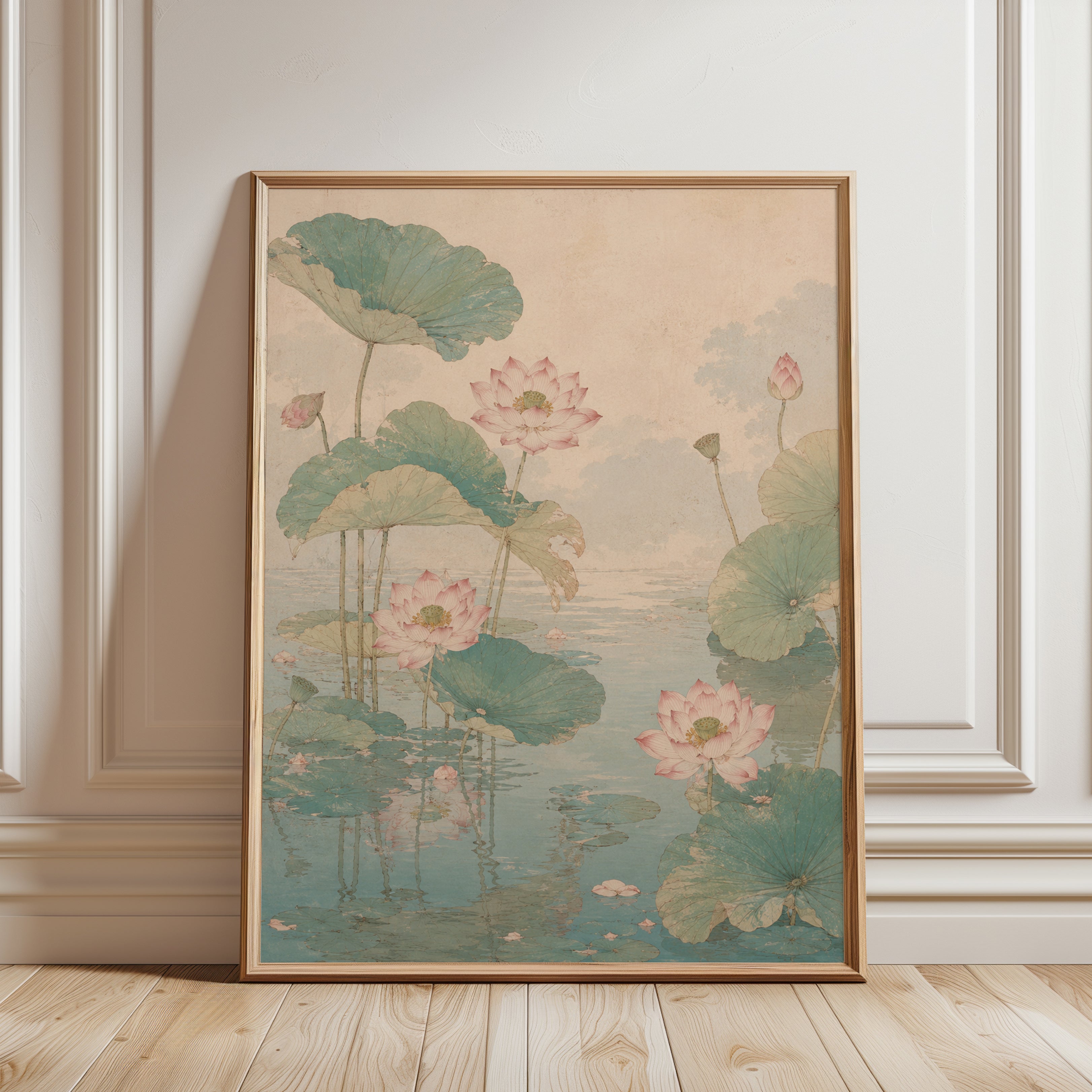 Lotus Flowers and Lily Pads Art Print: Asian Watercolor Style - framed detail