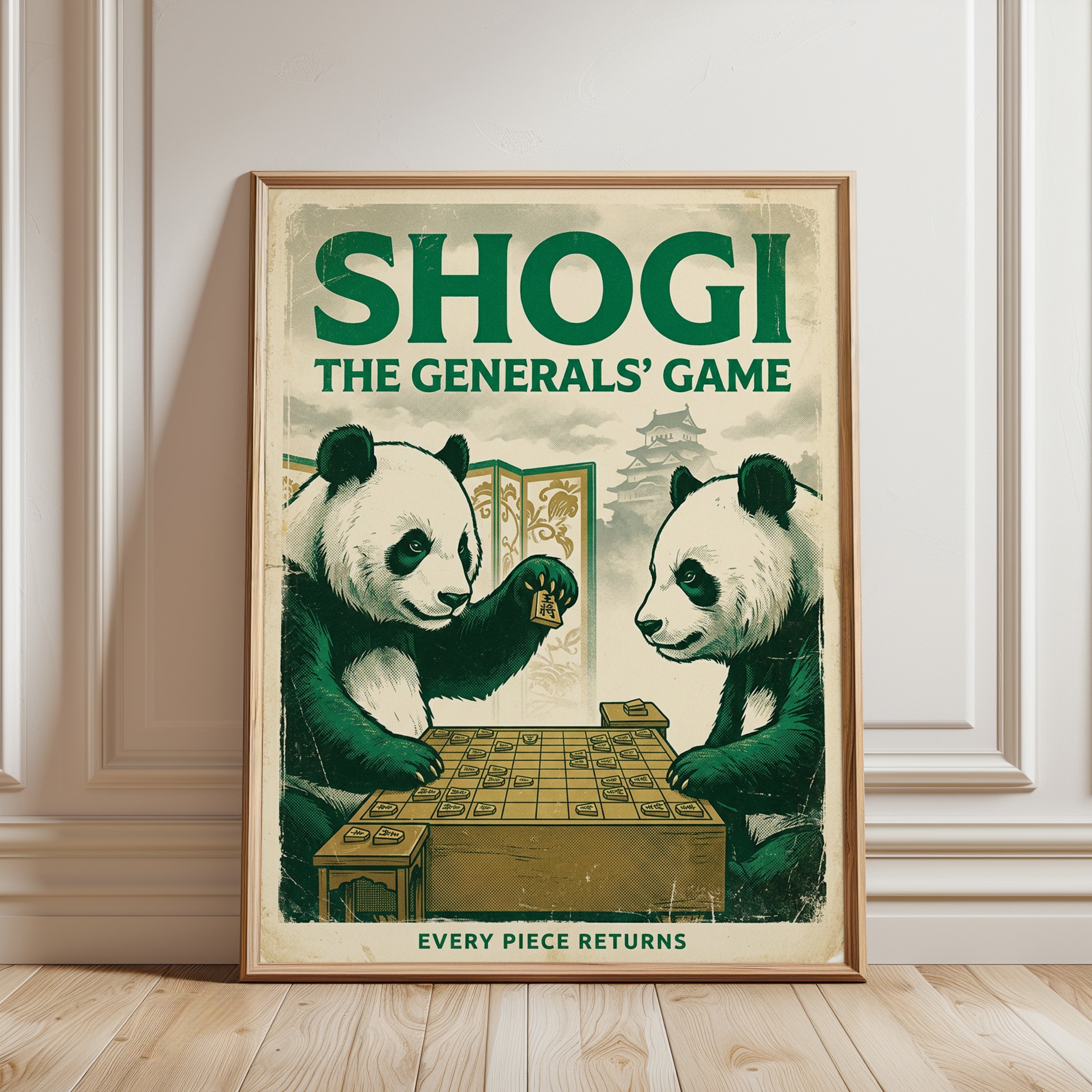 Shogi Pandas Playing Japanese Chess: Vintage Green Board Game Poster - framed detail