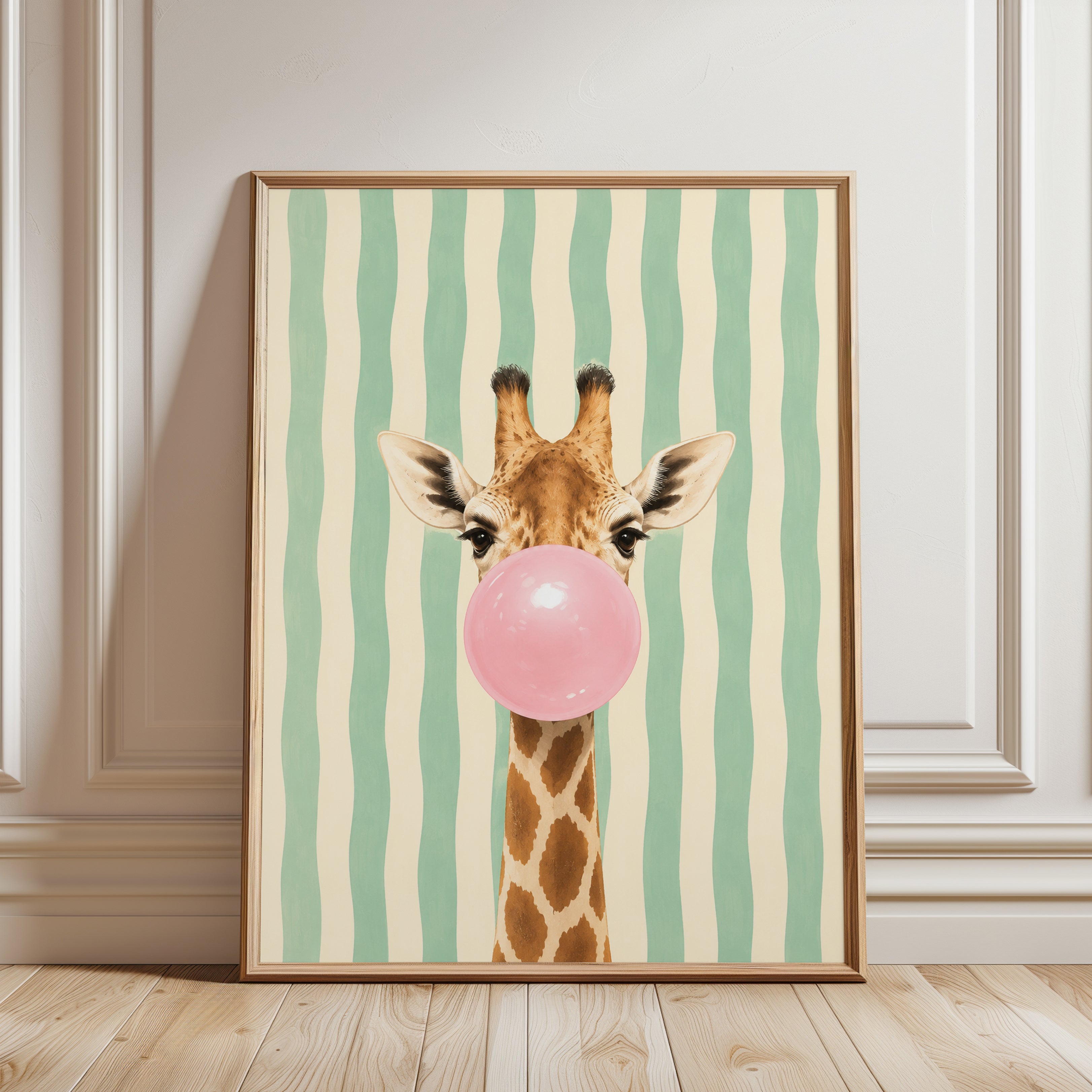 Giraffe Blowing Bubblegum Print: Whimsical Animal Wall Art - framed detail