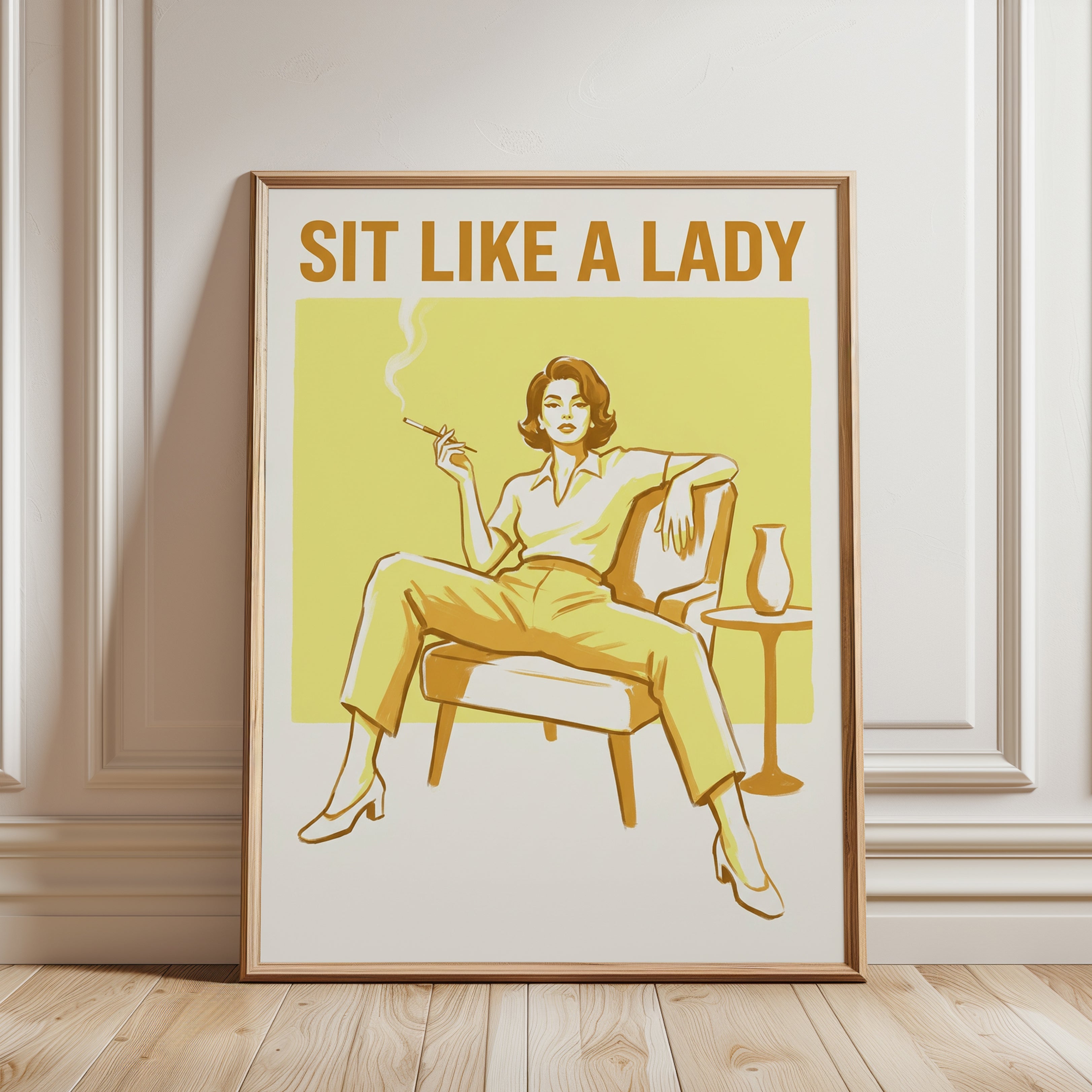 Sit Like a Lady Retro Poster: Mid-Century Yellow Lounge Art - framed detail