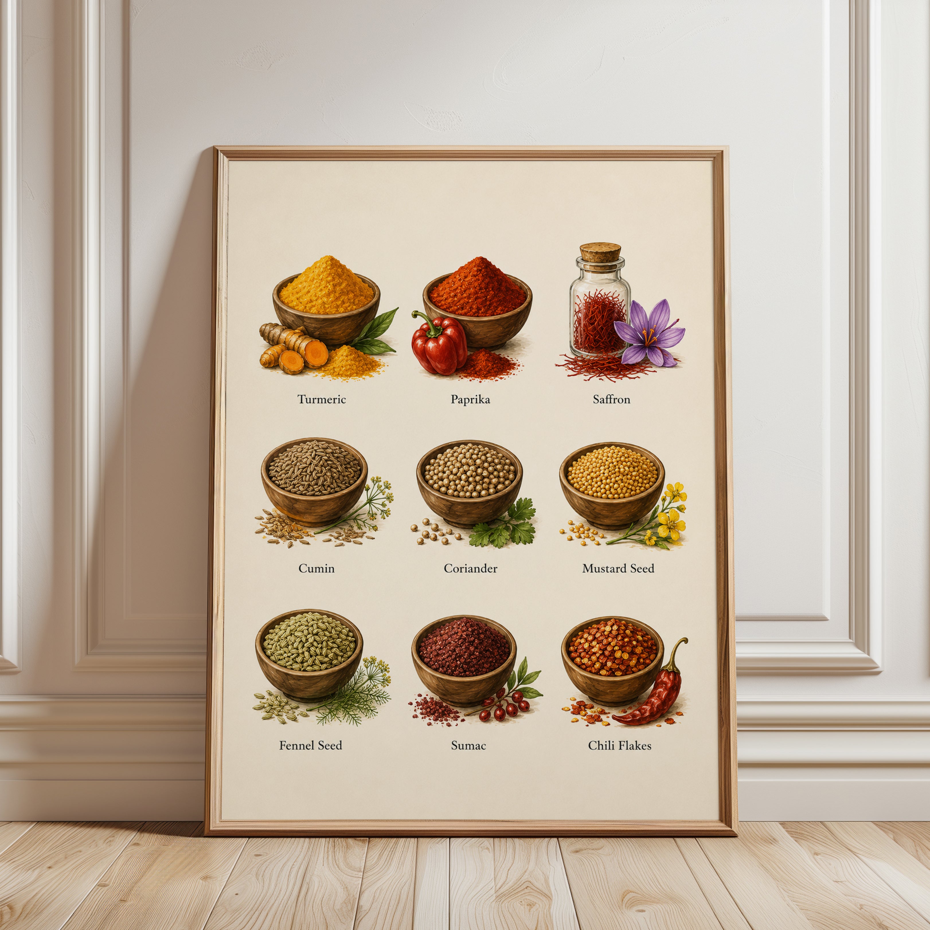 Spice Chart Kitchen Print – Herb Cooking Poster - framed detail