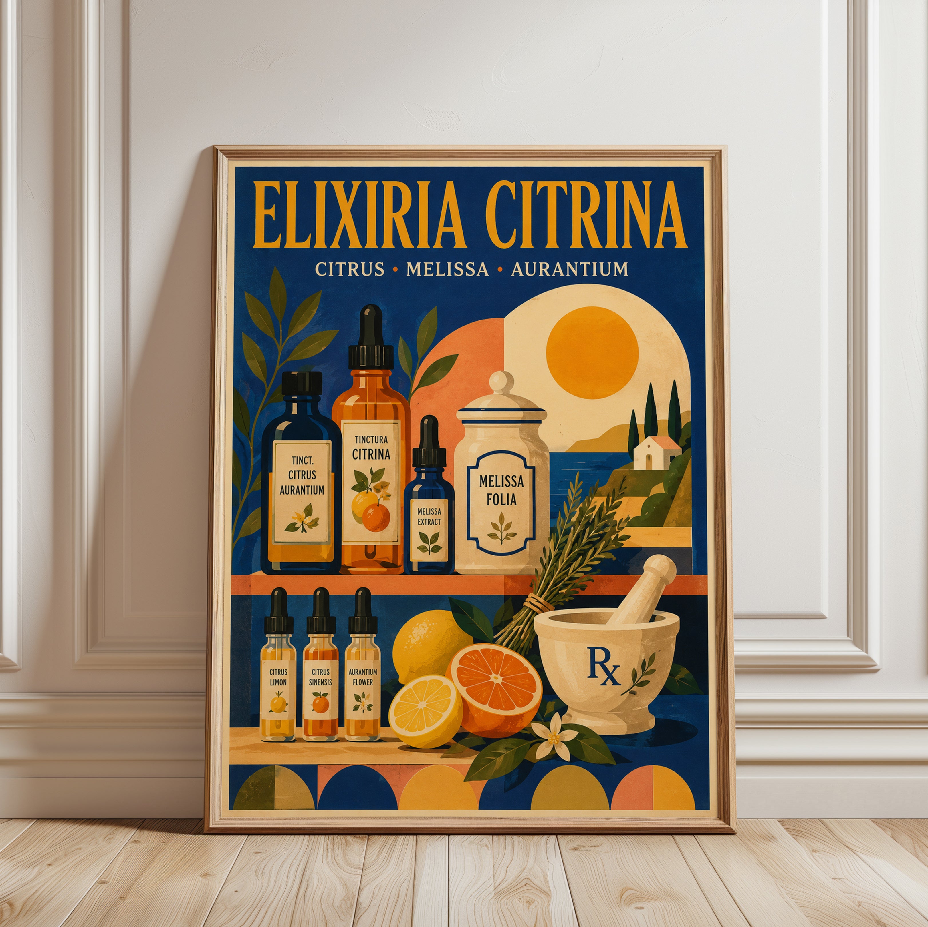 Vintage Apothecary Poster: Art Deco Citrus Botanical Print - framed detail