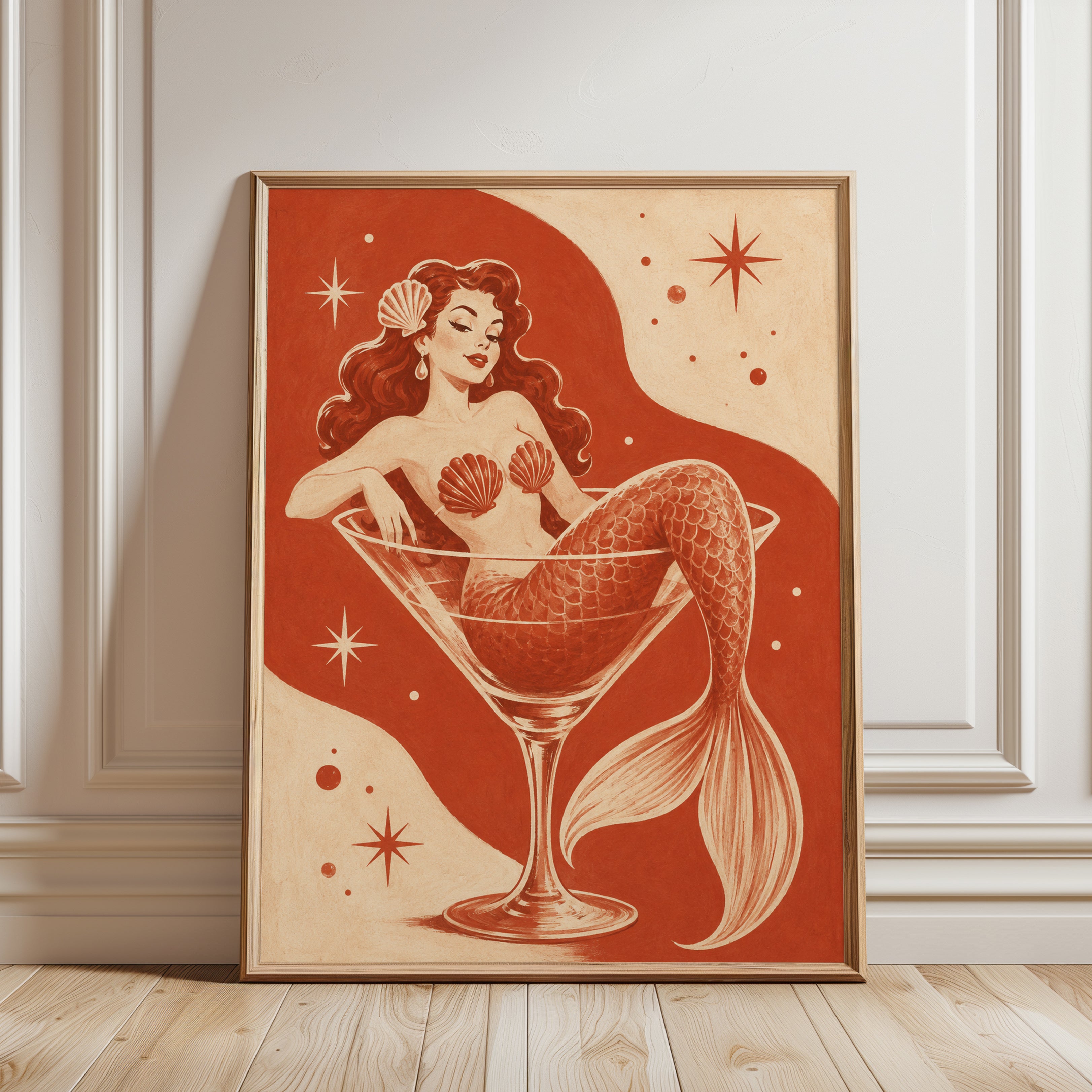 Mermaid Cocktail Print – Retro Bar Art - framed detail