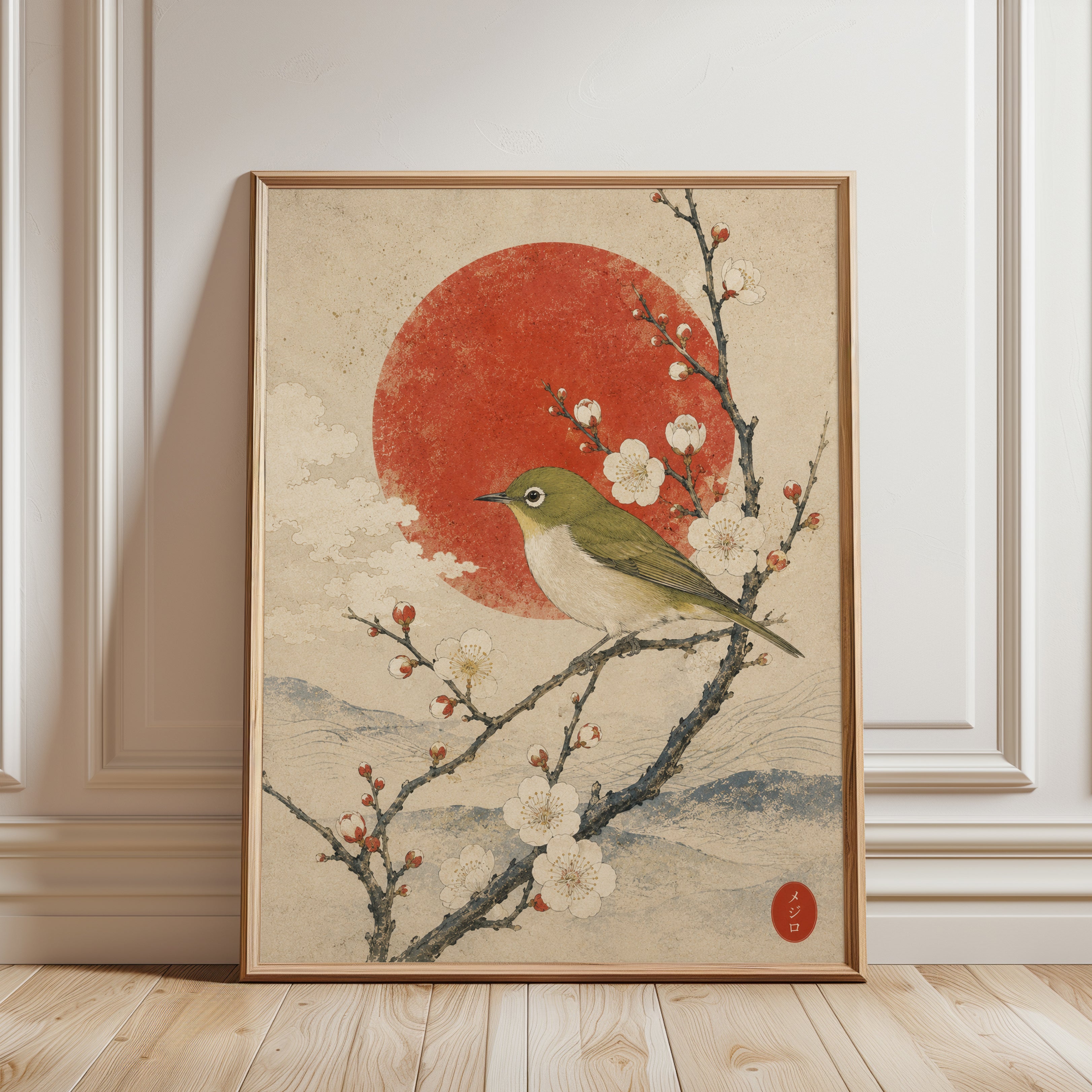 Japanese Bird and Plum Blossom Print - framed detail