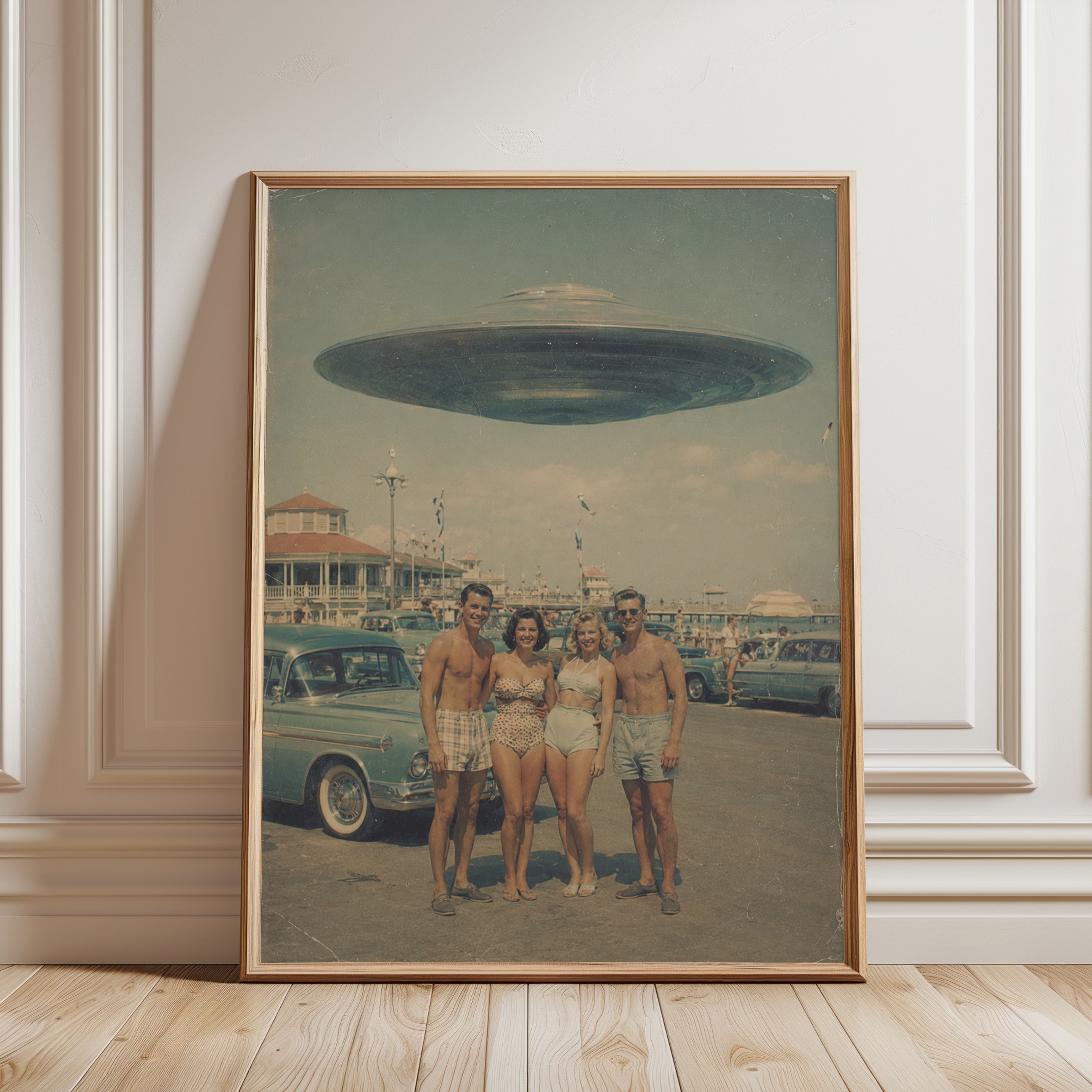 Retro UFO Beach Photograph — Vintage 1950s Sci-Fi Kitsch - framed detail