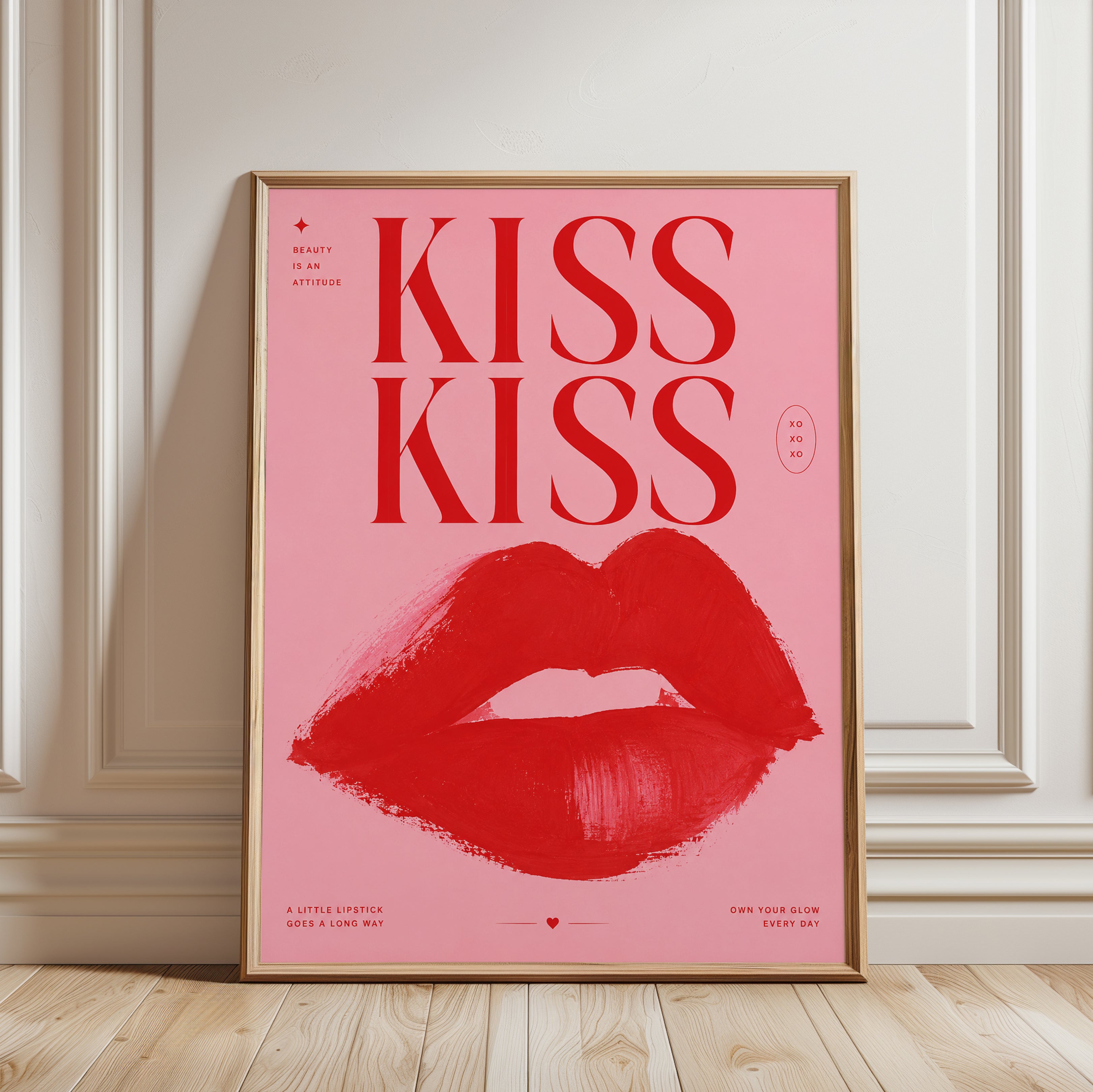 Kiss Poster – Pink Lips Wall Art - framed detail