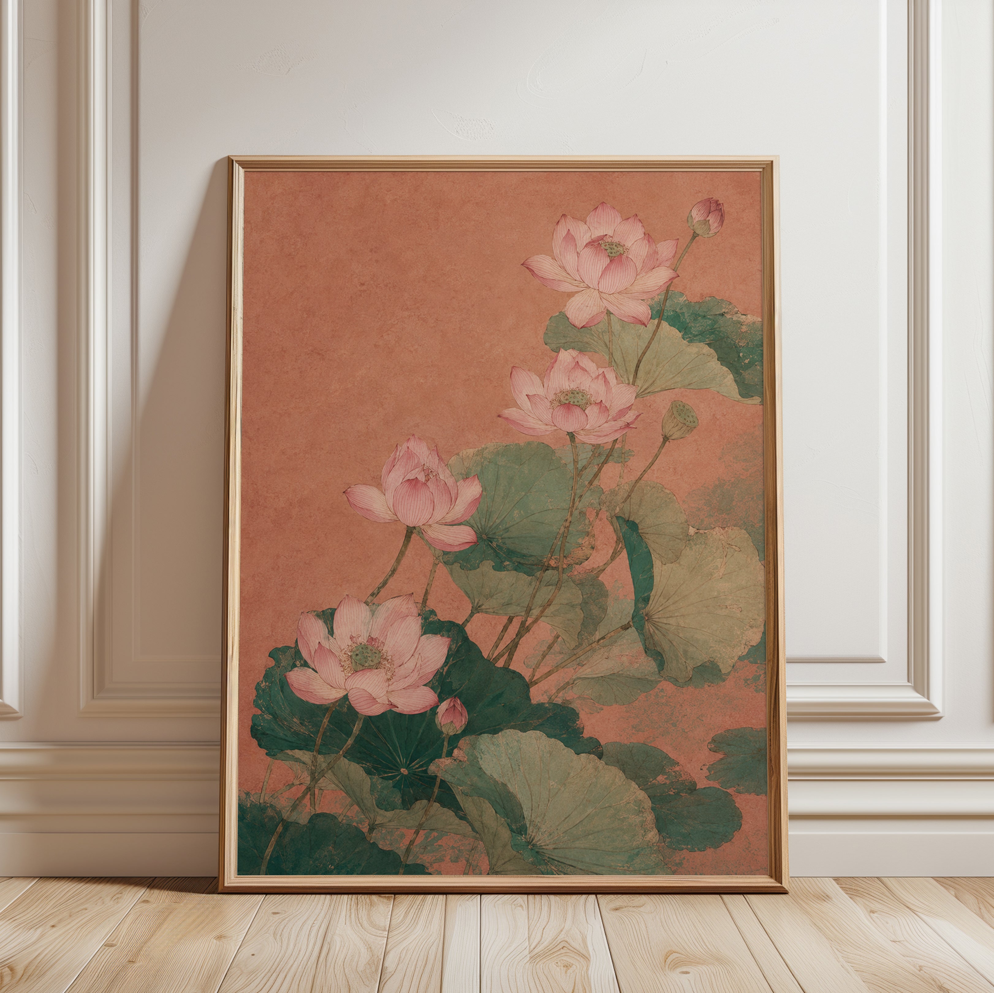 Lotus Flower Botanical Print — Vintage Pink Water Lily - framed detail