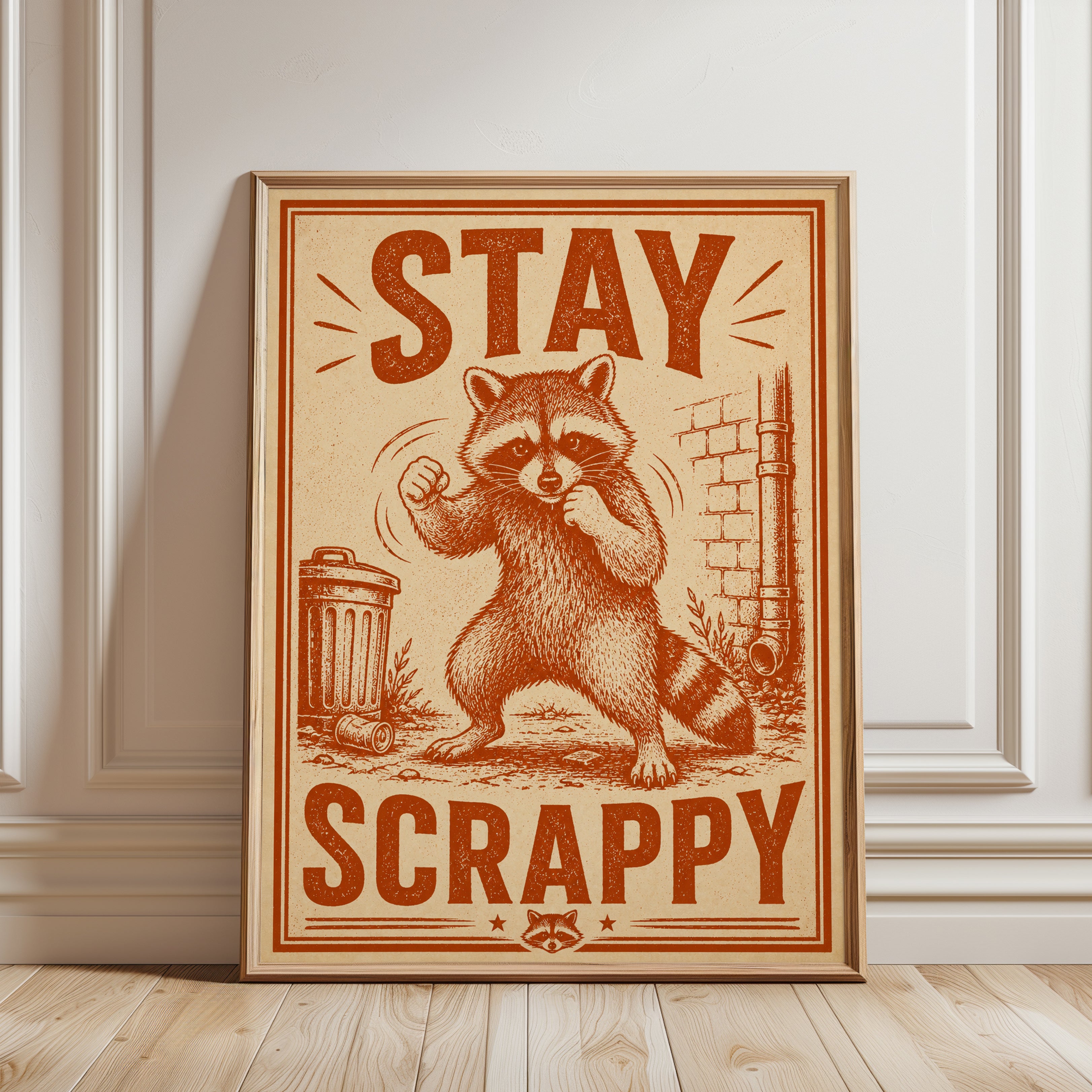 Stay Scrappy Raccoon Poster: Vintage Propaganda Style Art Print - framed detail