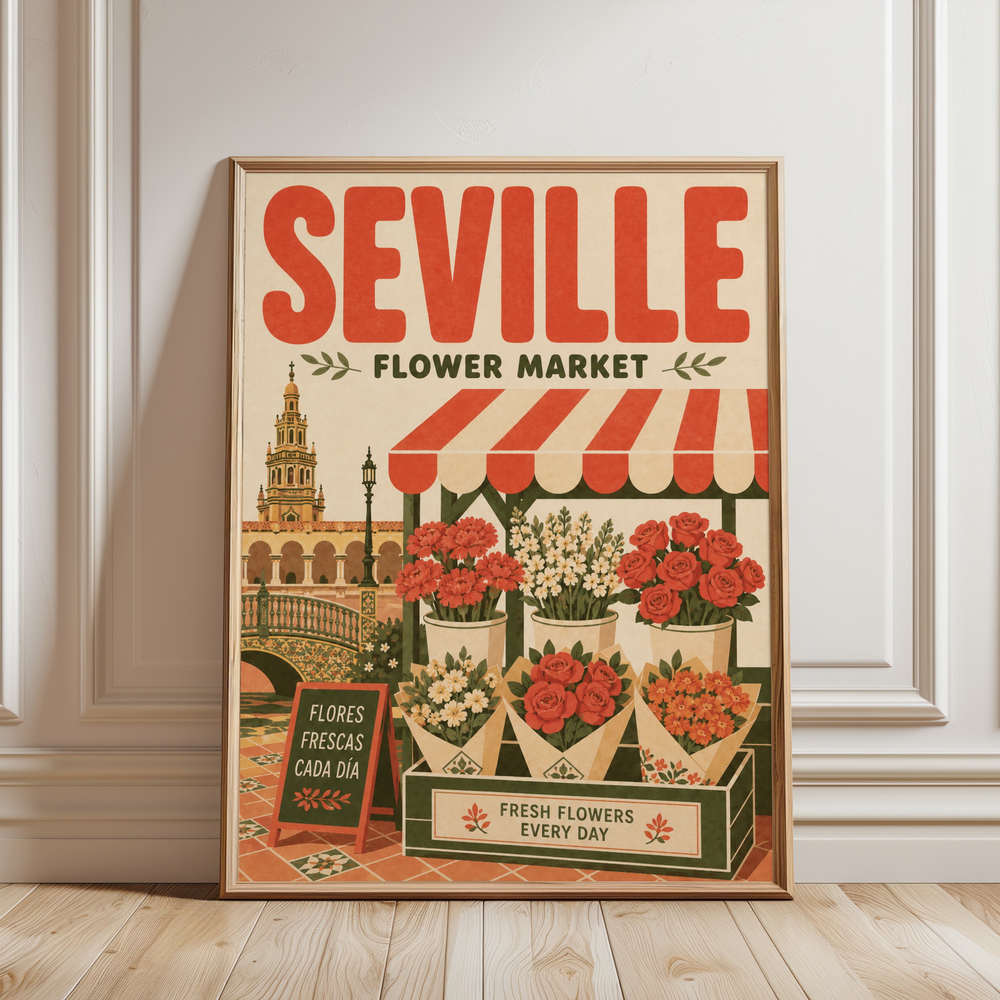 Seville Flower Market Poster: Vintage Spanish Travel Art Print - framed detail