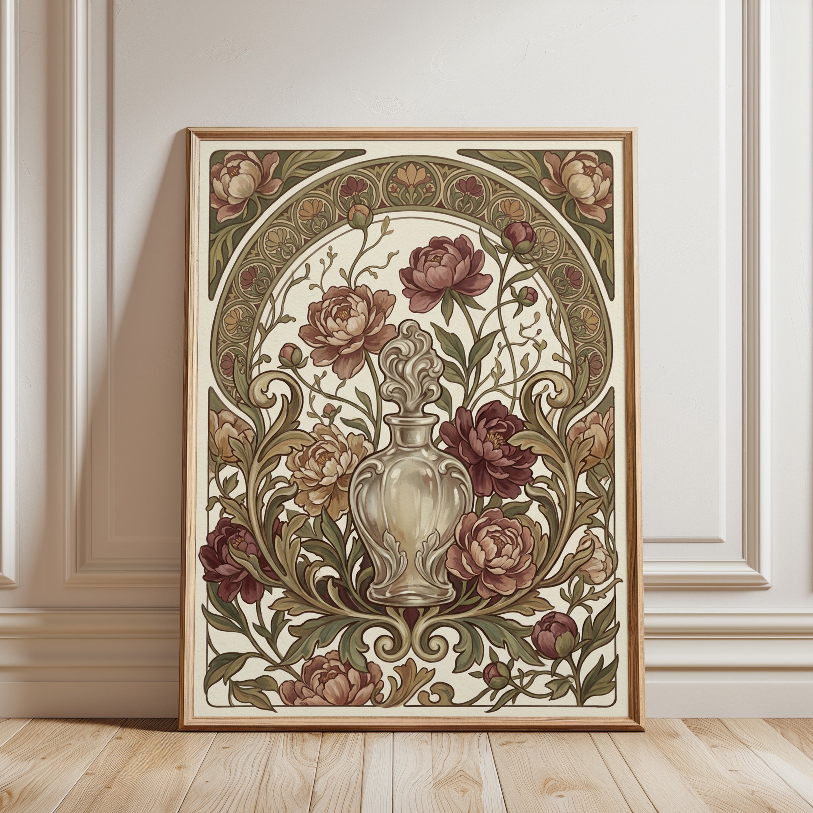 Art Nouveau Peony Vase Print: Ornate Floral Arch Design - framed detail