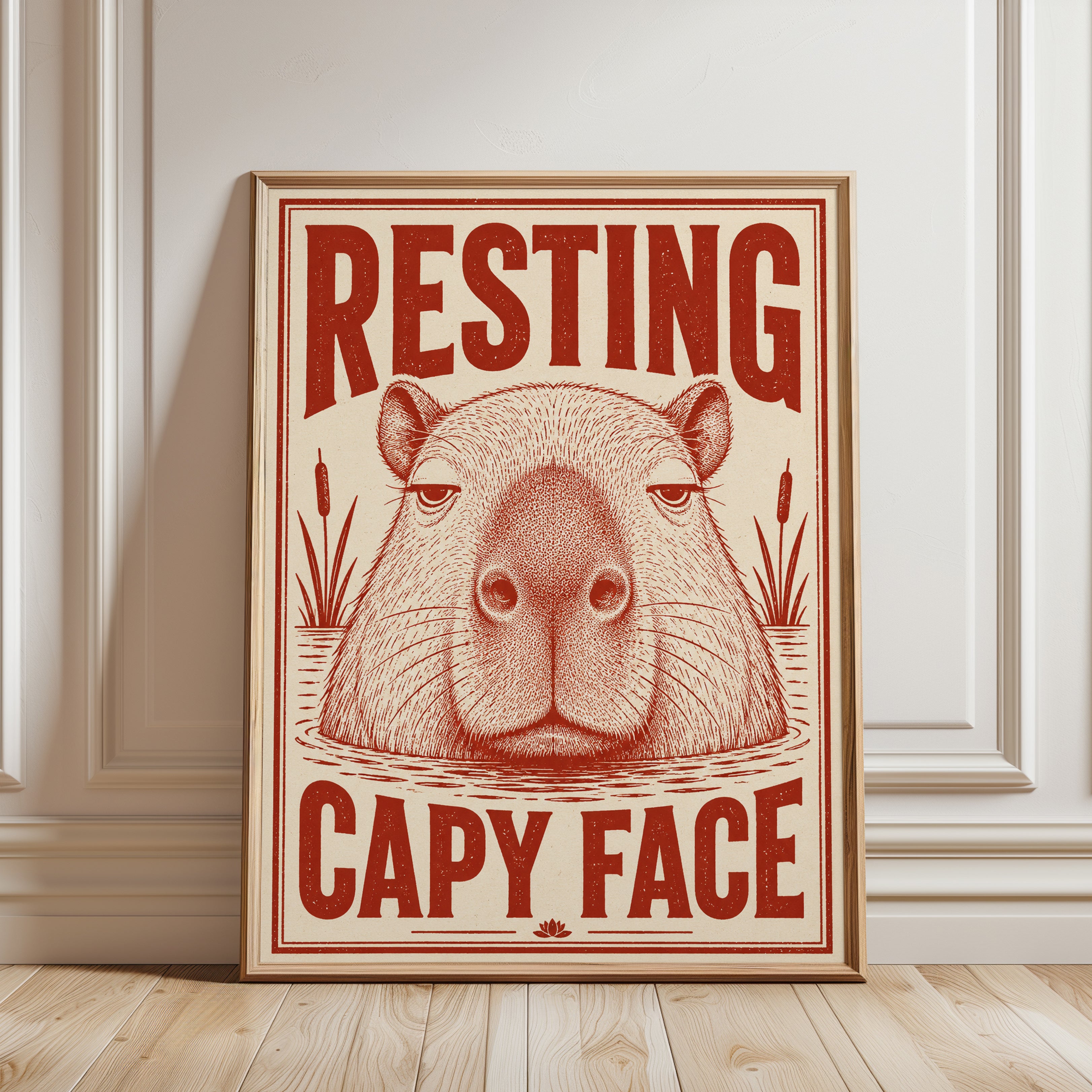 Capybara Illustration: Funny Vintage Wall Art (Bathroom & Living Room) - framed detail