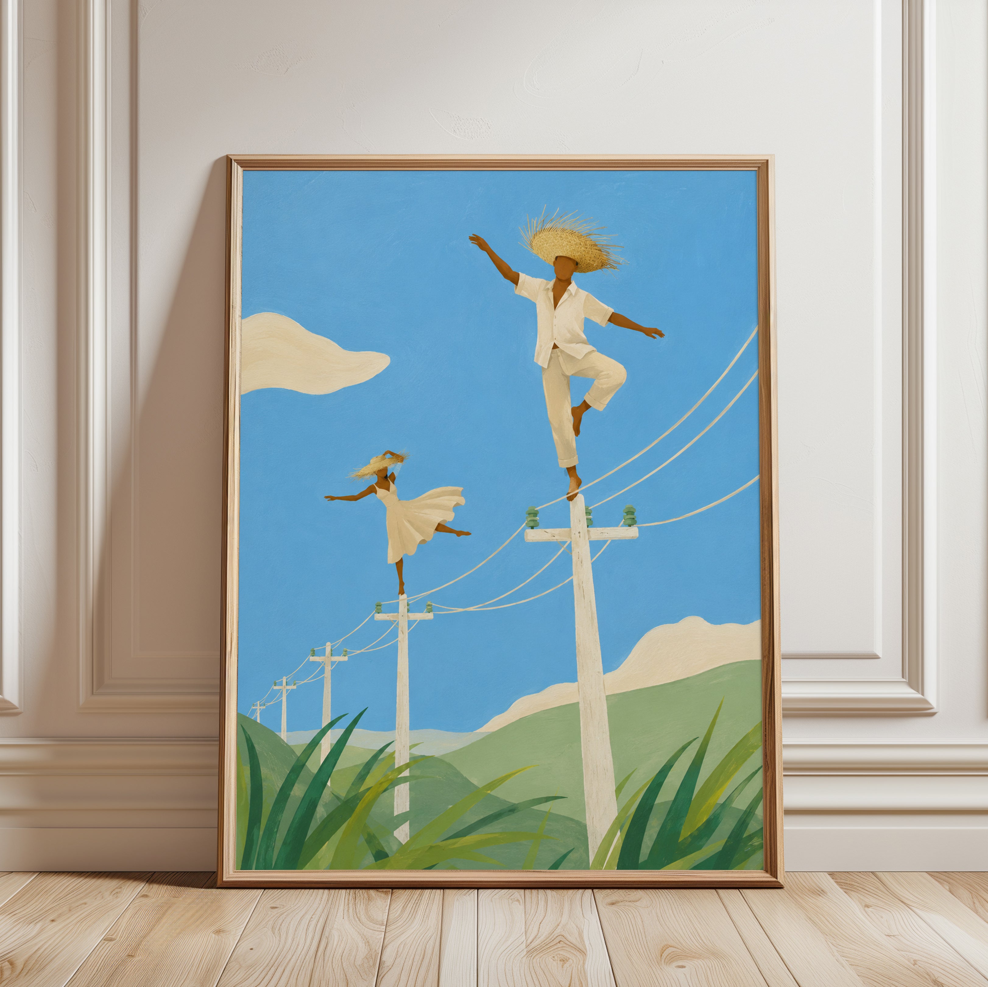 Tropical Balancing Figures Art Print: Minimalist Blue Sky Scene - framed detail