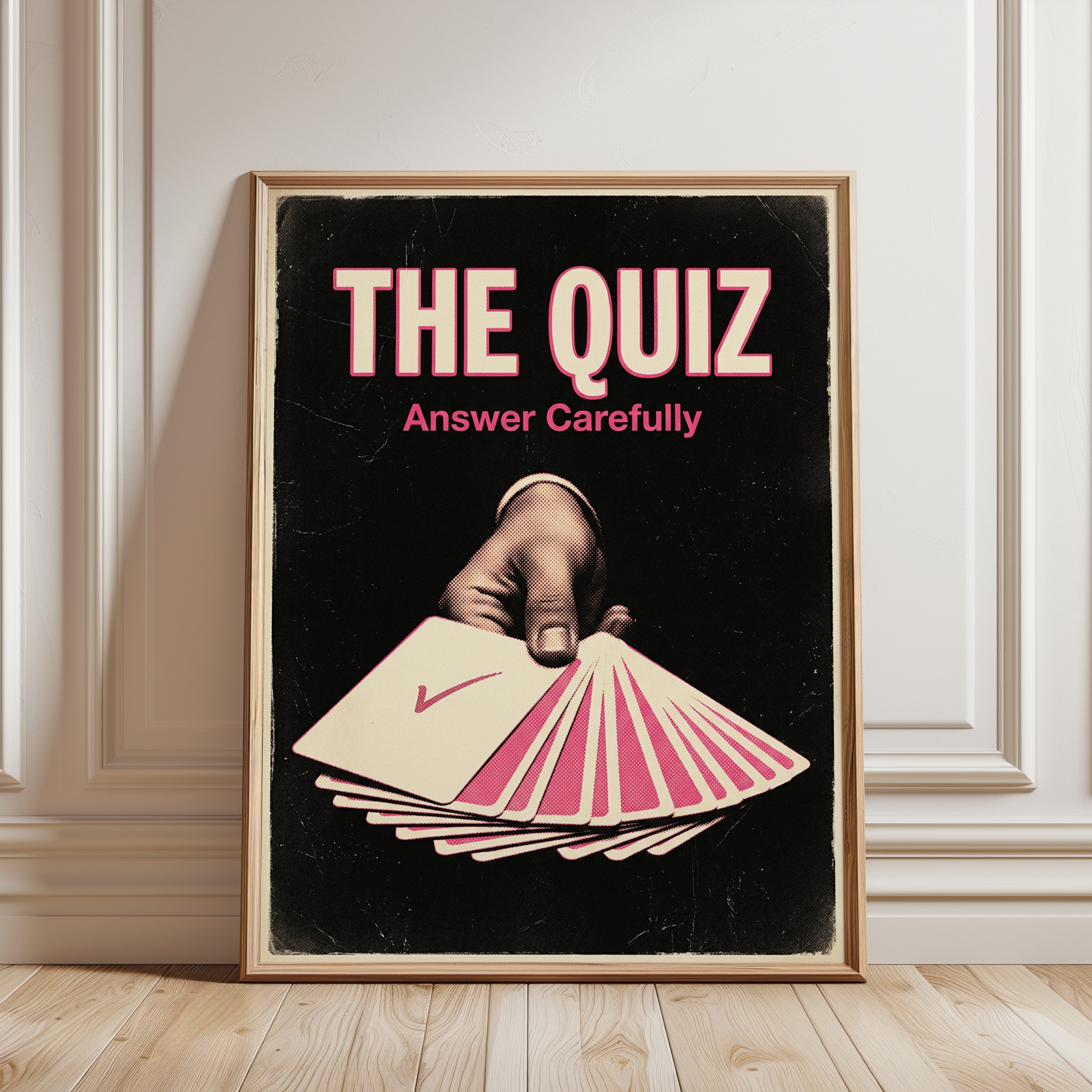 The Quiz Vintage Poster: Retro Pink Black Typography Wall Art - framed detail
