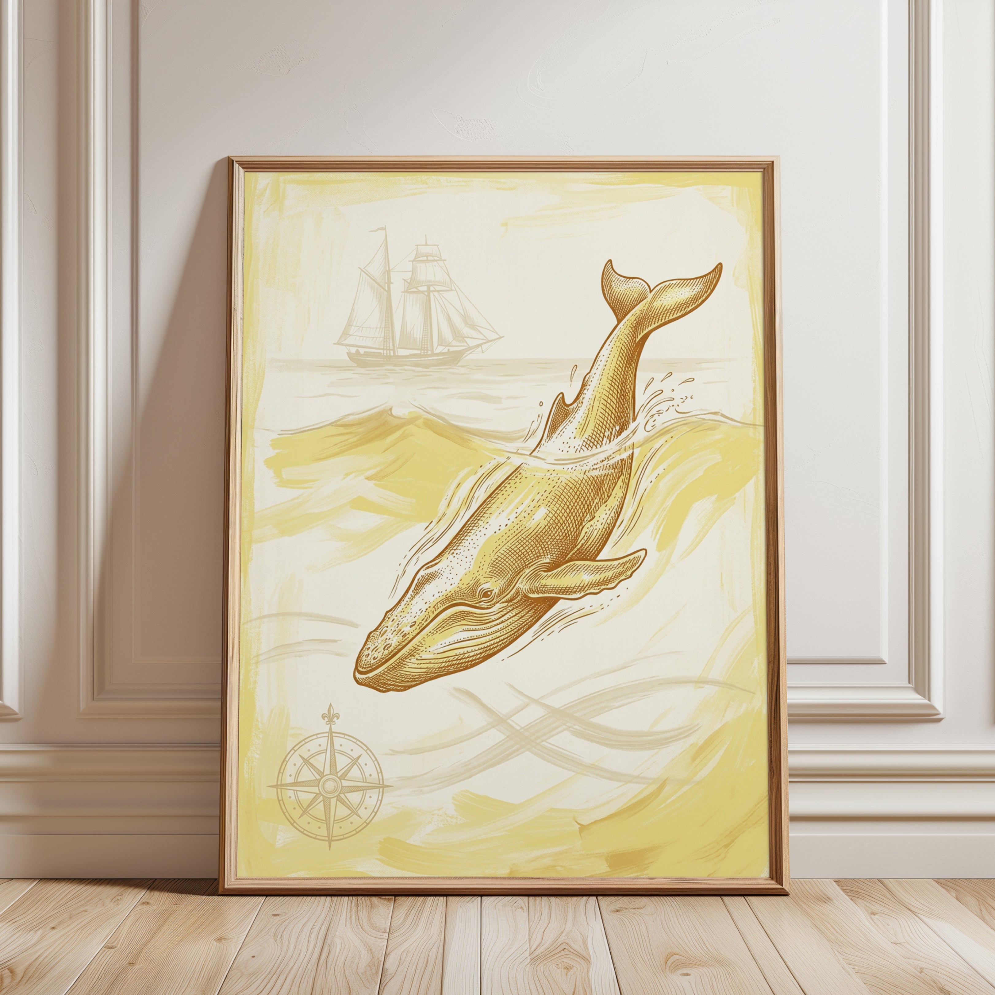 Golden Whale and Ship Art Print: Vintage Nautical Illustration - framed detail