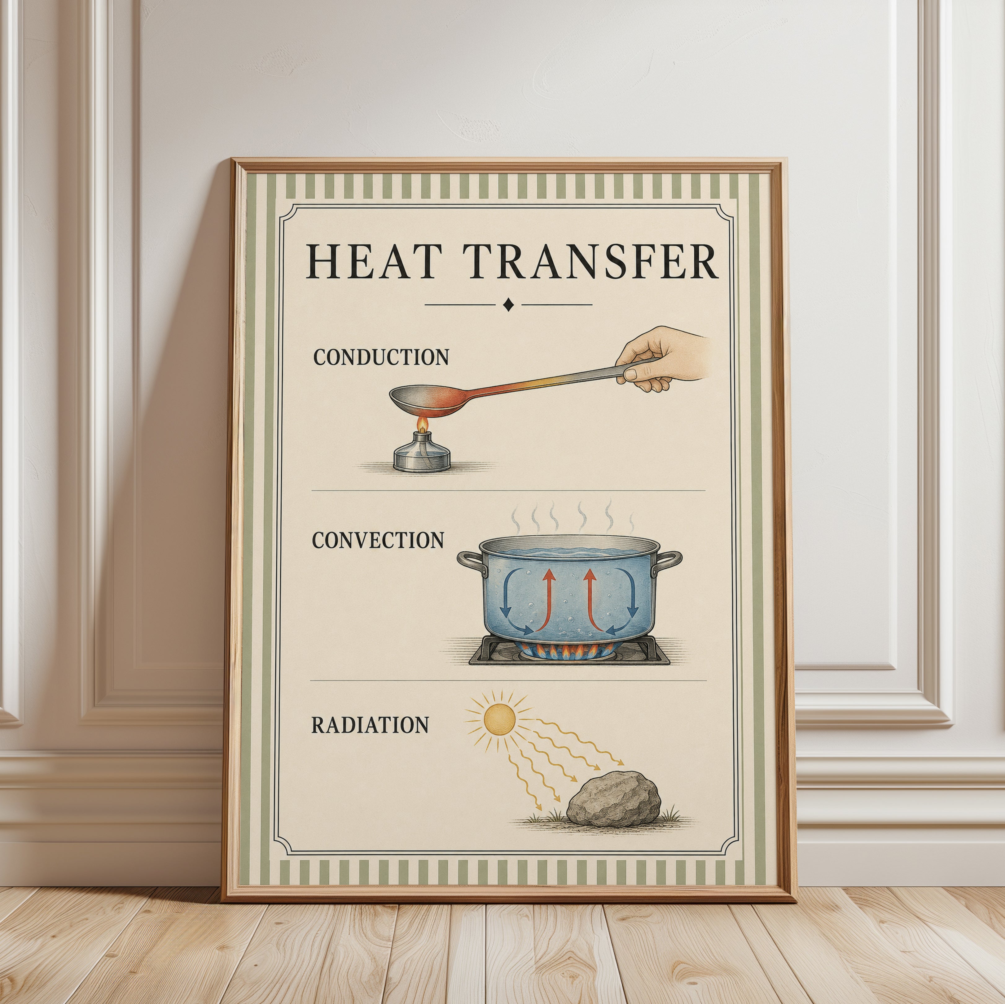 Heat Transfer Educational Diagram Print: Vintage Science Poster - framed detail