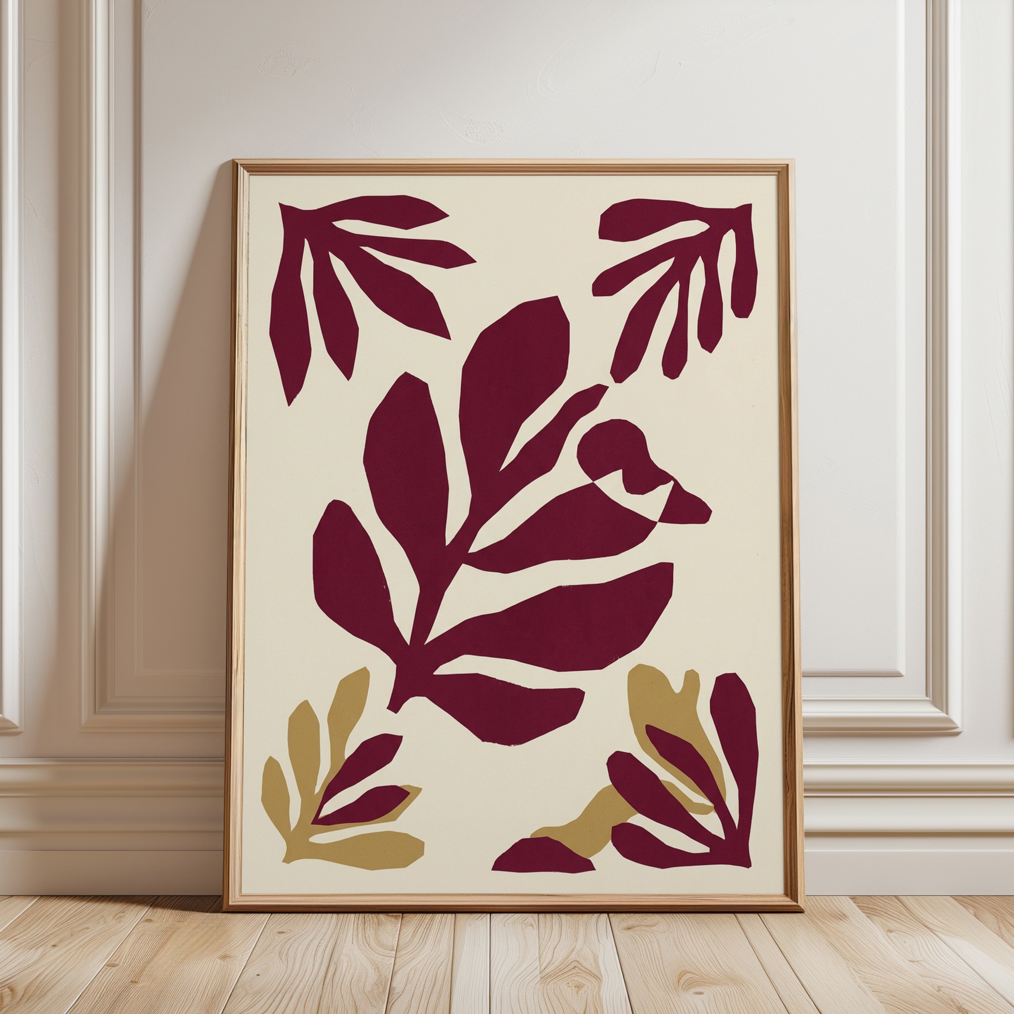 Matisse Style Botanical Cutout: Burgundy and Gold Wall Art - framed detail