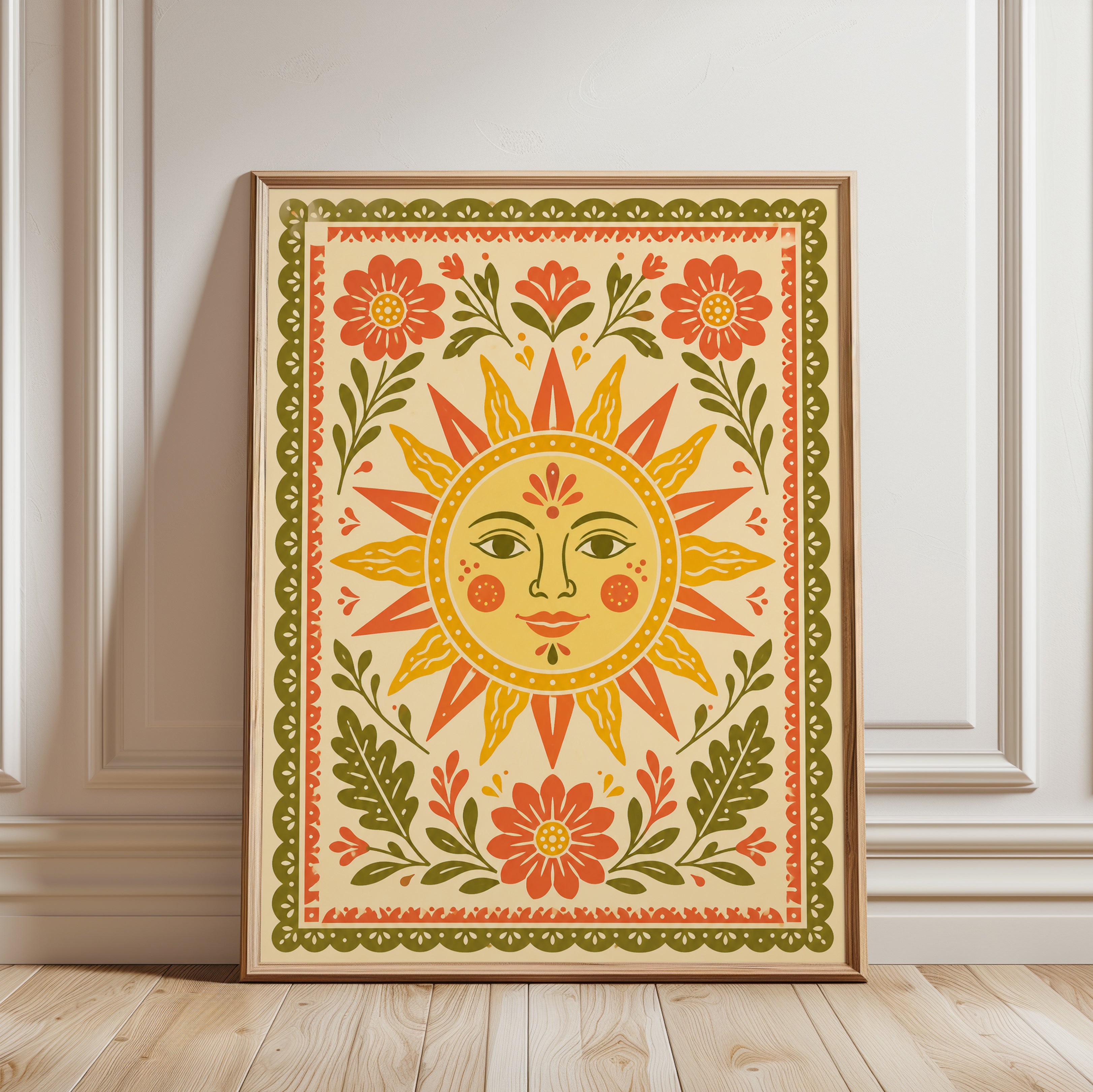 Folk Art Sun Print – Floral Wall Art - framed detail