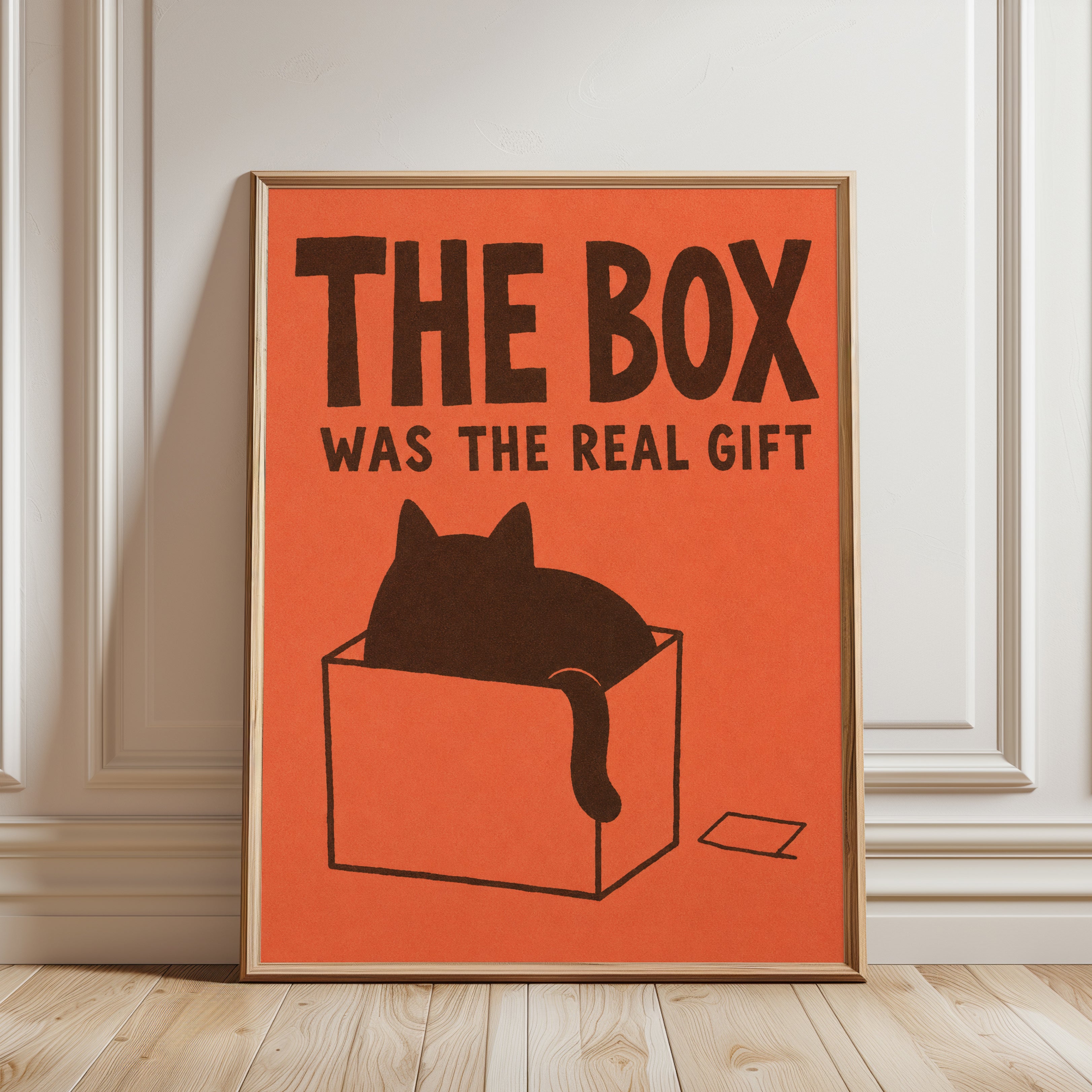 Cat in Box Typography Poster: Minimalist Orange and Black Print - framed detail