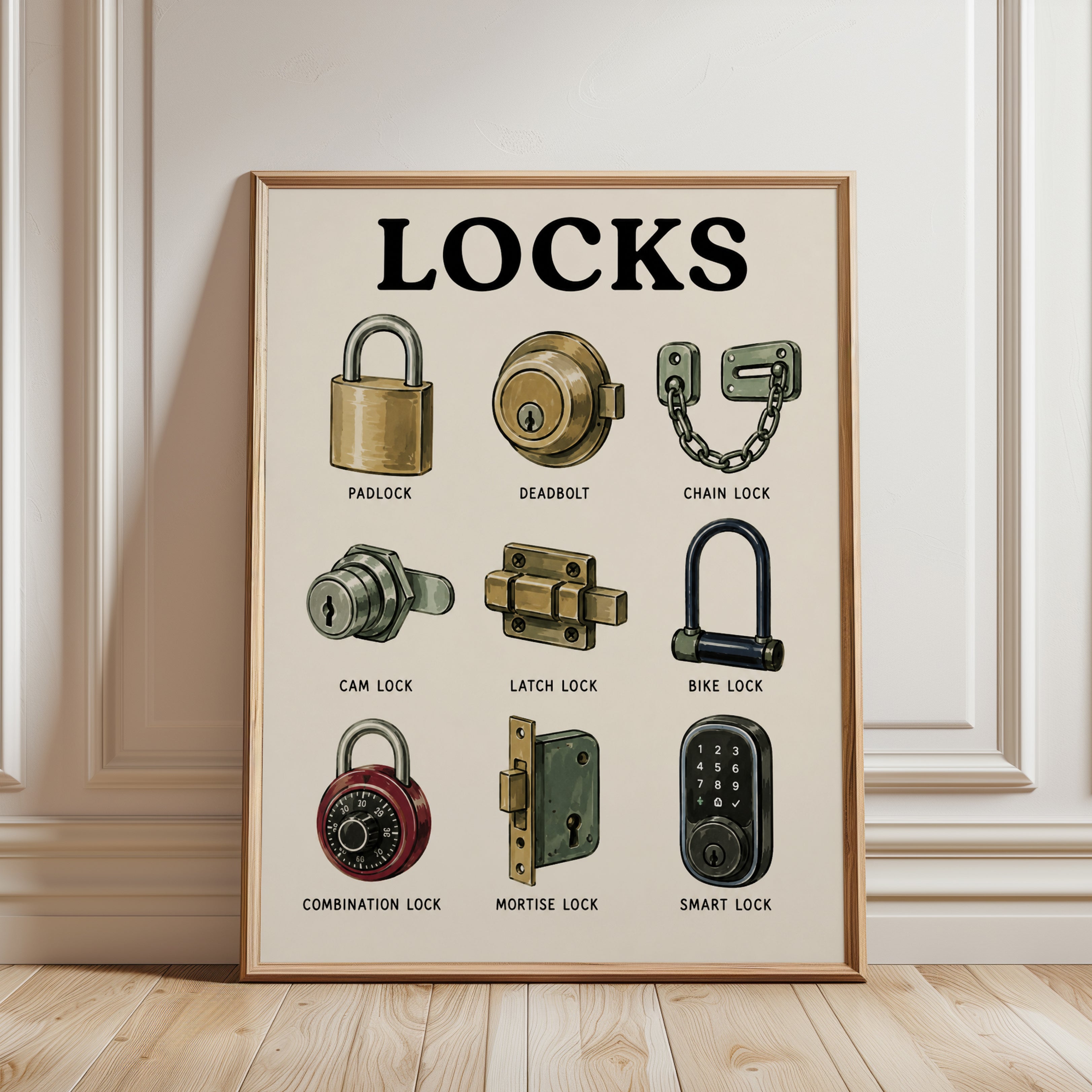 Types of Locks Poster – Educational Wall Art - framed detail