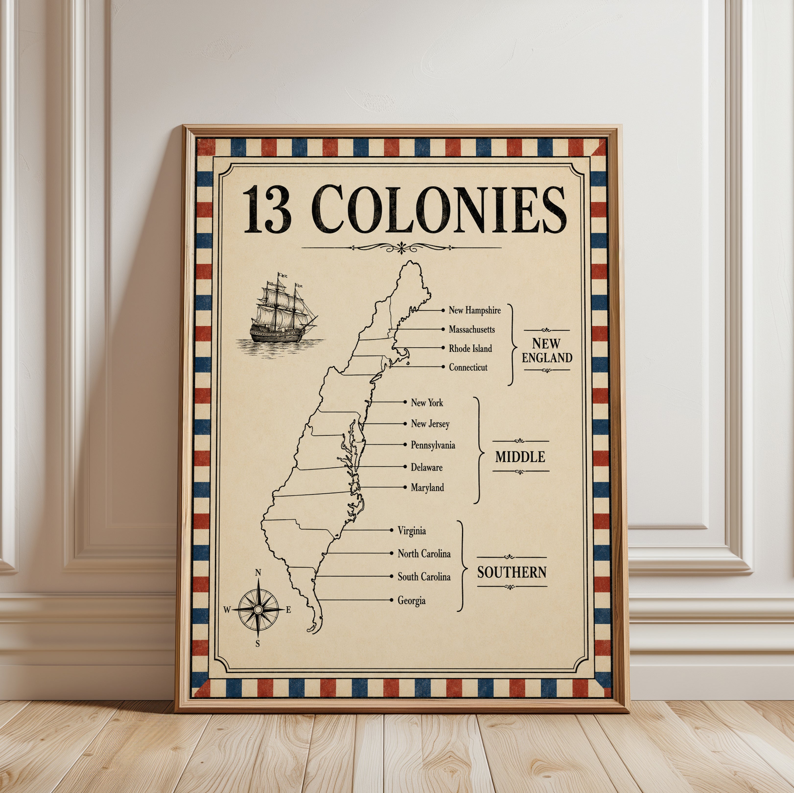 13 Colonies Map Poster – American History Print - framed detail