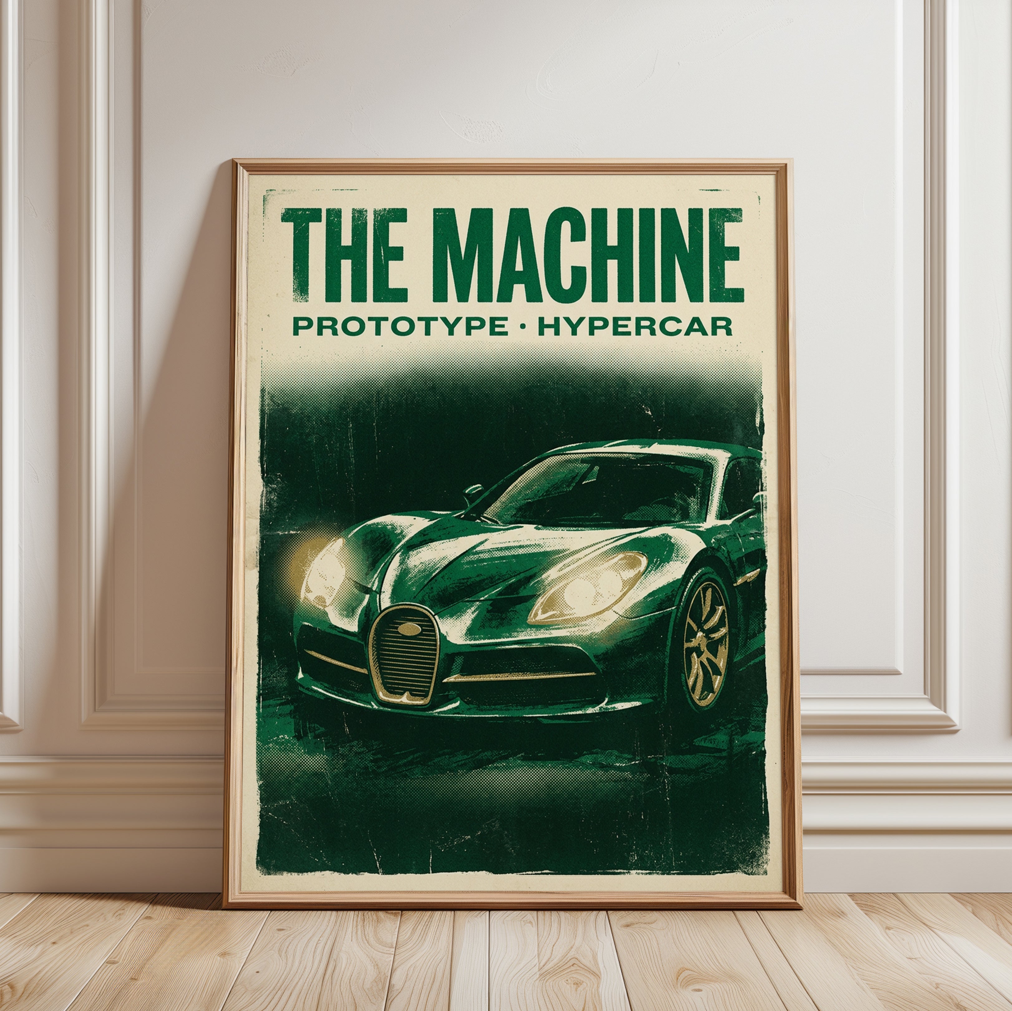 Vintage Hypercar Poster — Retro Racing Green Sports Car - framed detail