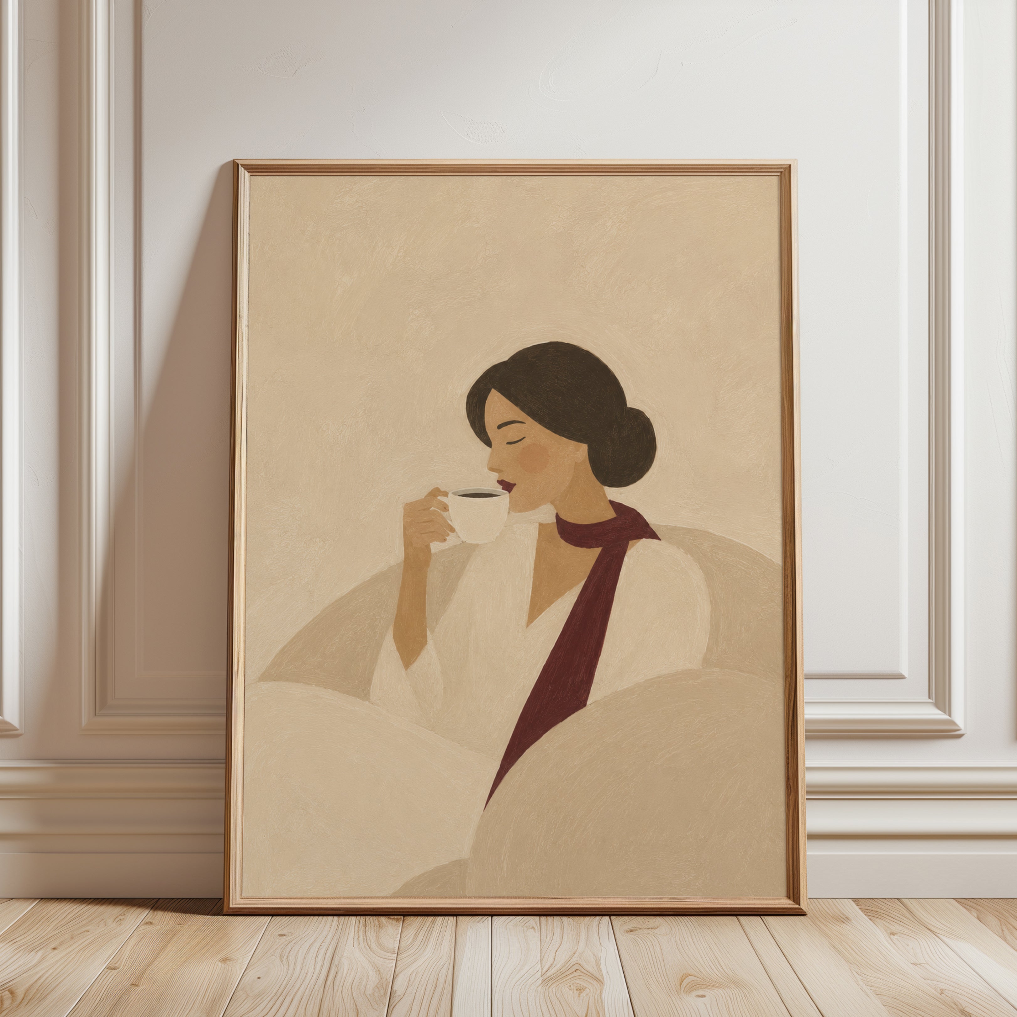 Coffee Lover Wall Art – Minimalist Woman Portrait - framed detail