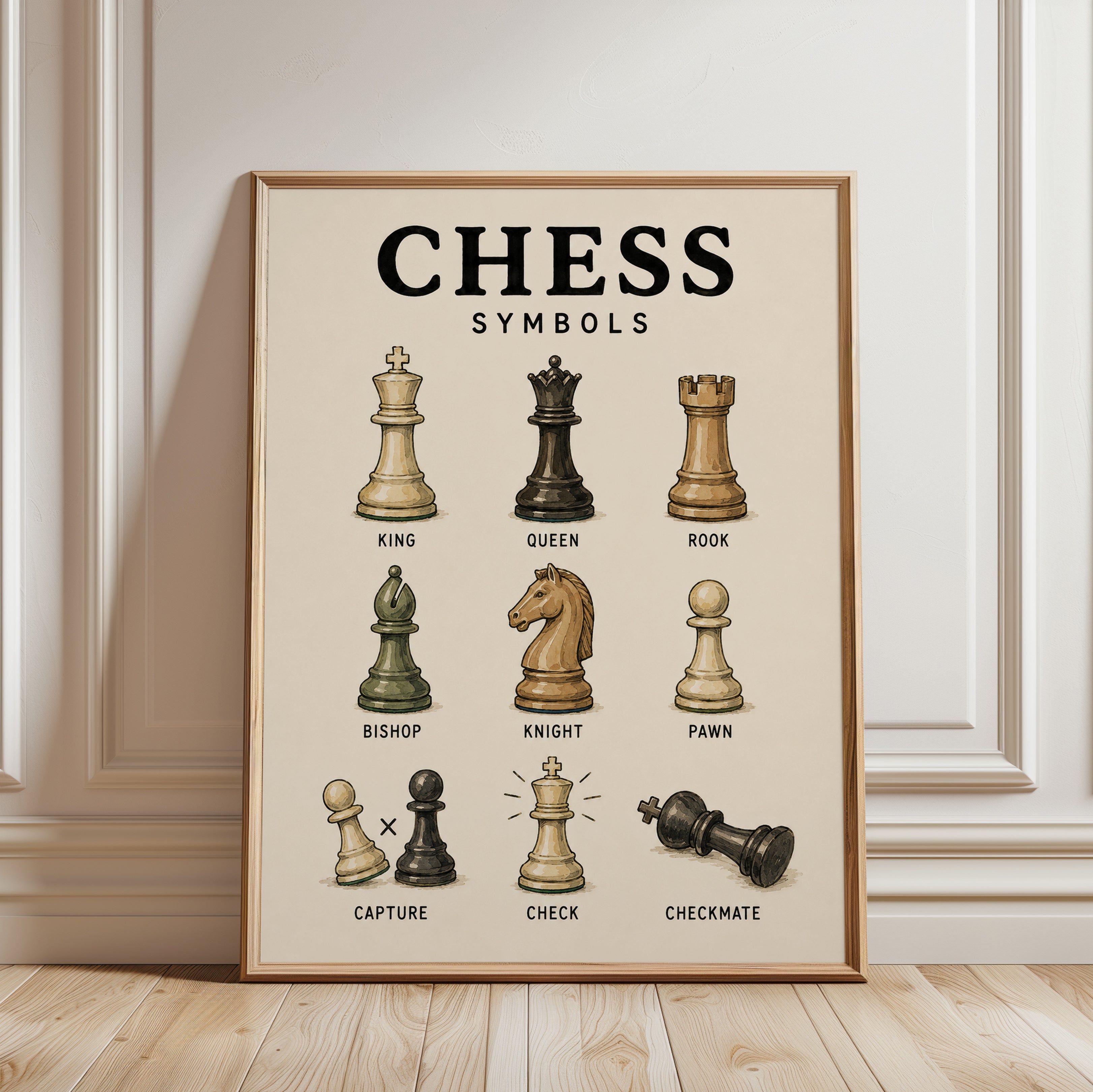 Chess Symbols Educational Print — Illustrated Chess Pieces Guide - framed detail