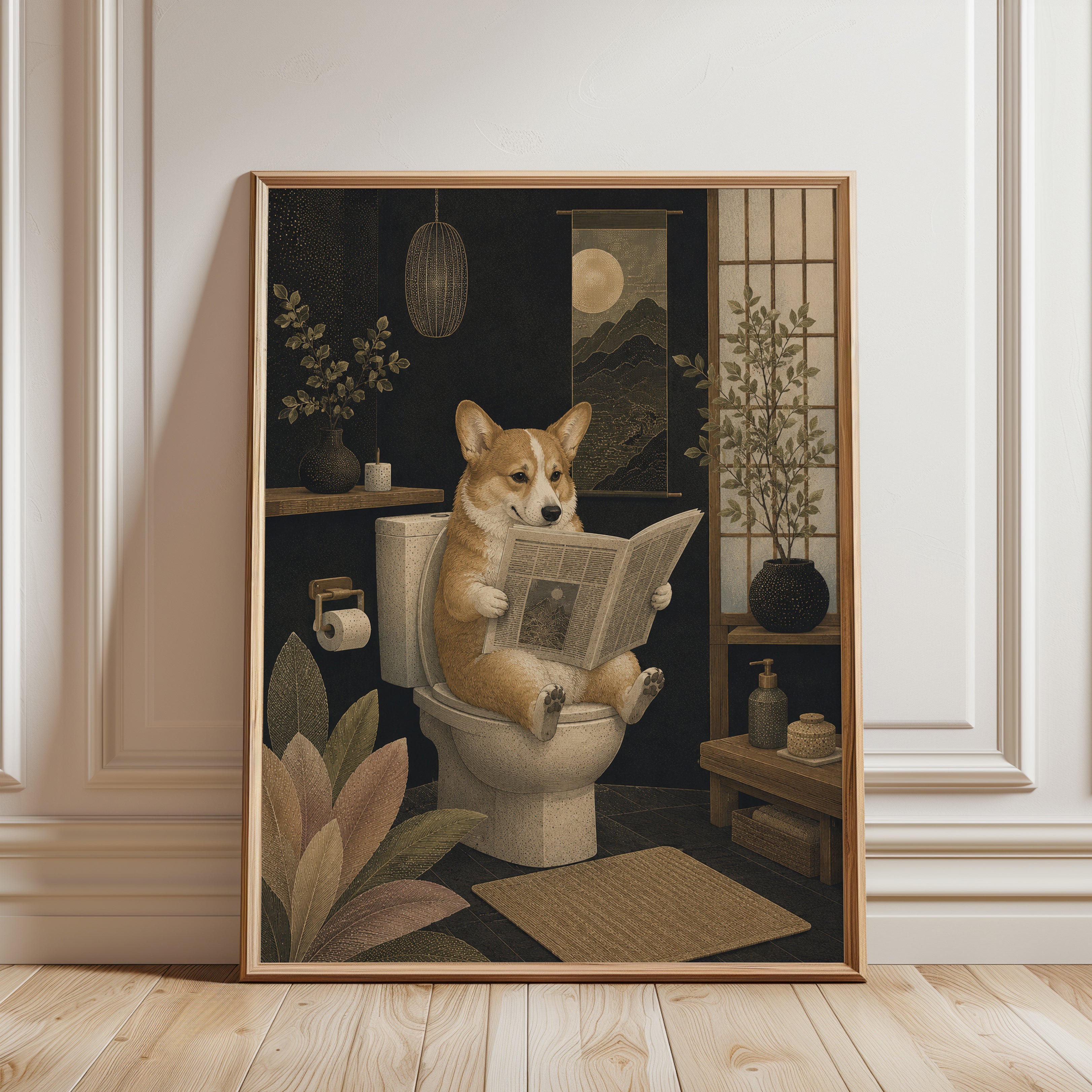 Corgi Bathroom Wall Art – Funny Dog Print - framed detail