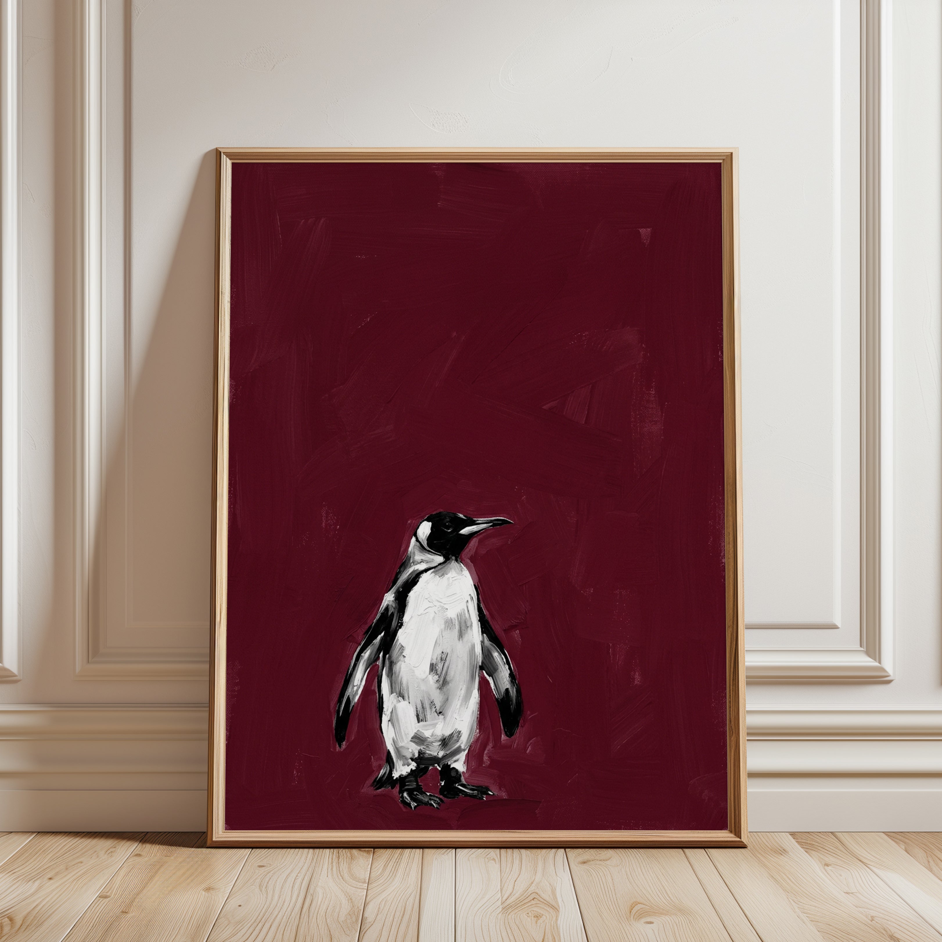 Penguin Portrait on Deep Red: Contemporary Wildlife Art Print - framed detail