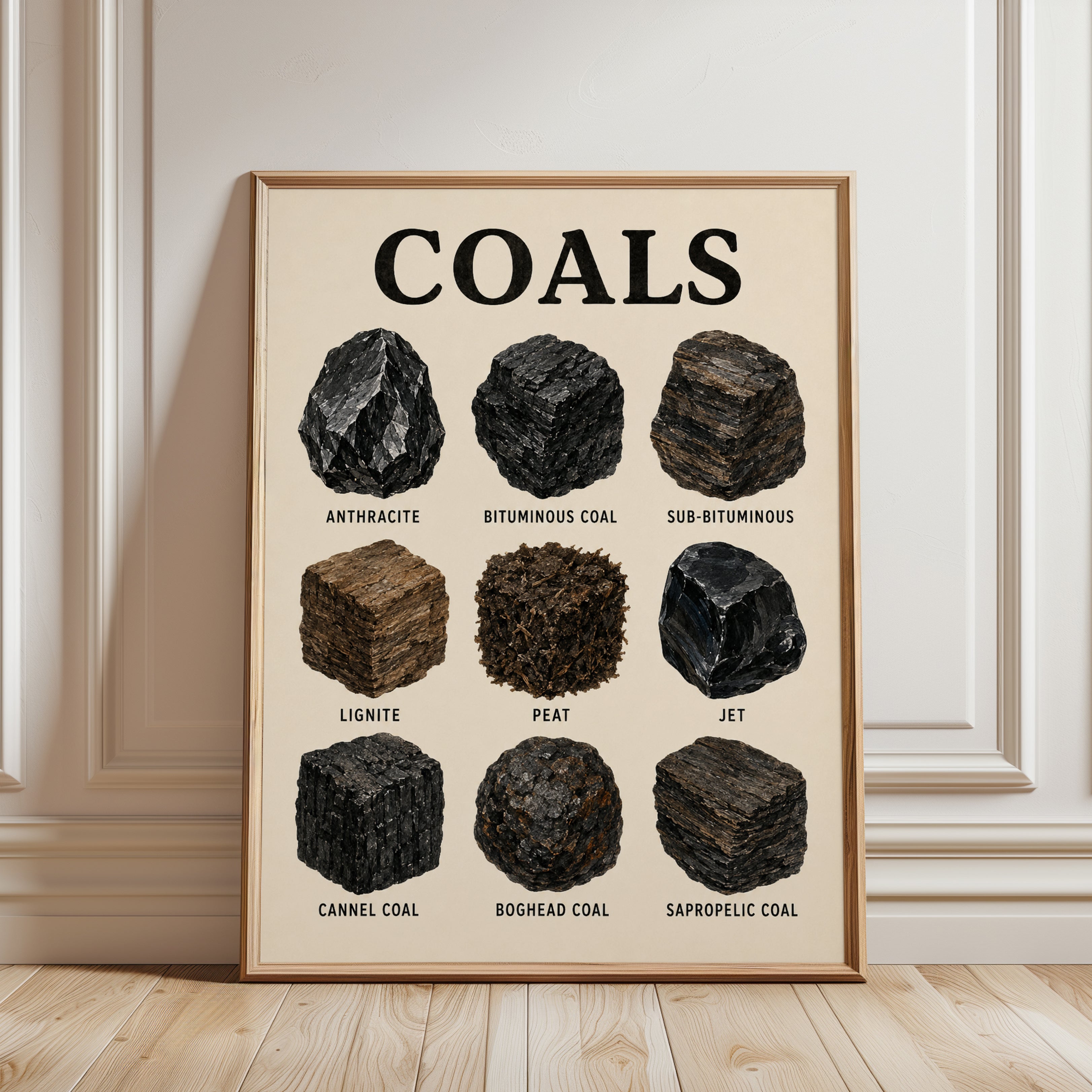 Coal Types Educational Poster: Vintage Scientific Chart Art - framed detail