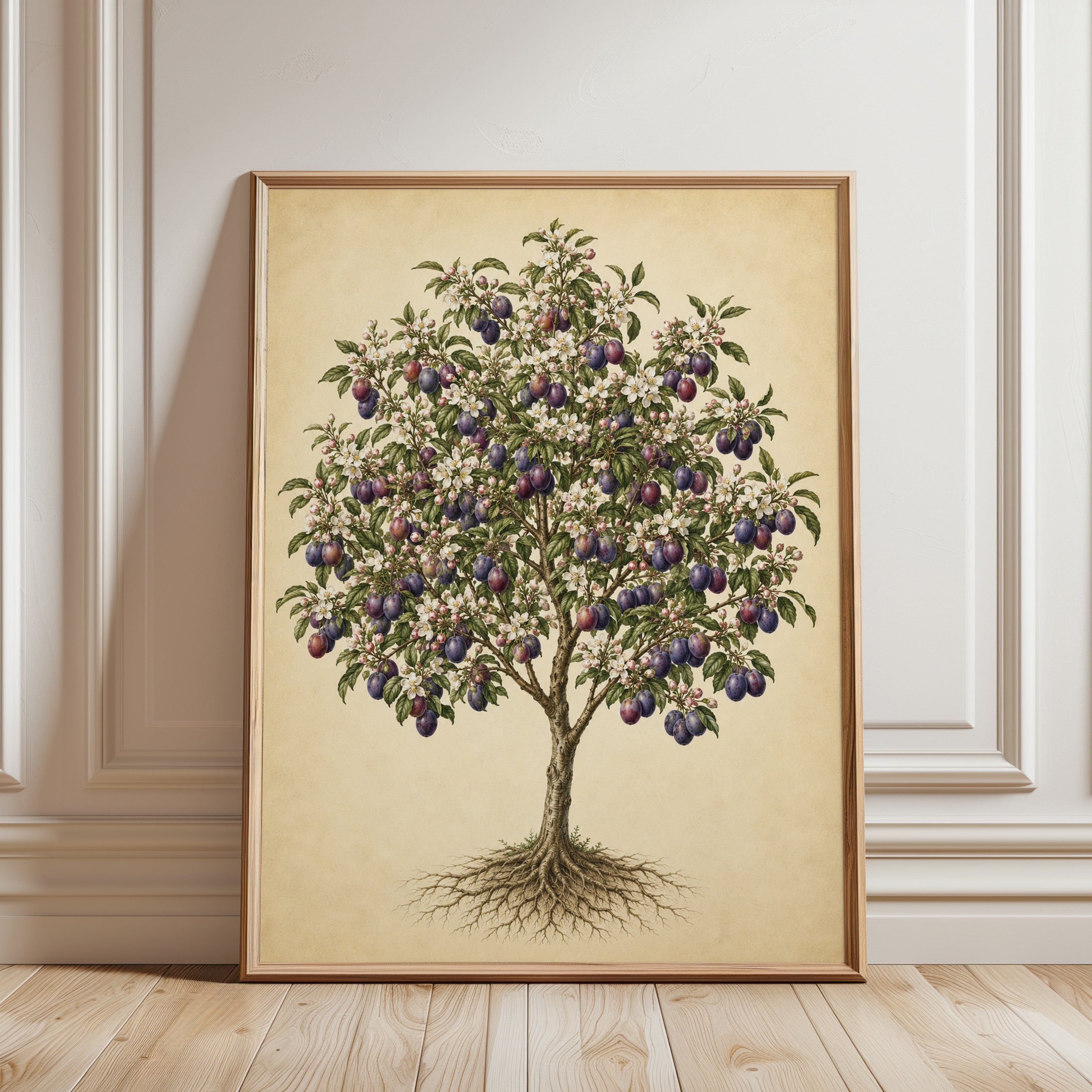 Plum Tree Botanical Print: Vintage Fruit Illustration Wall Art - framed detail