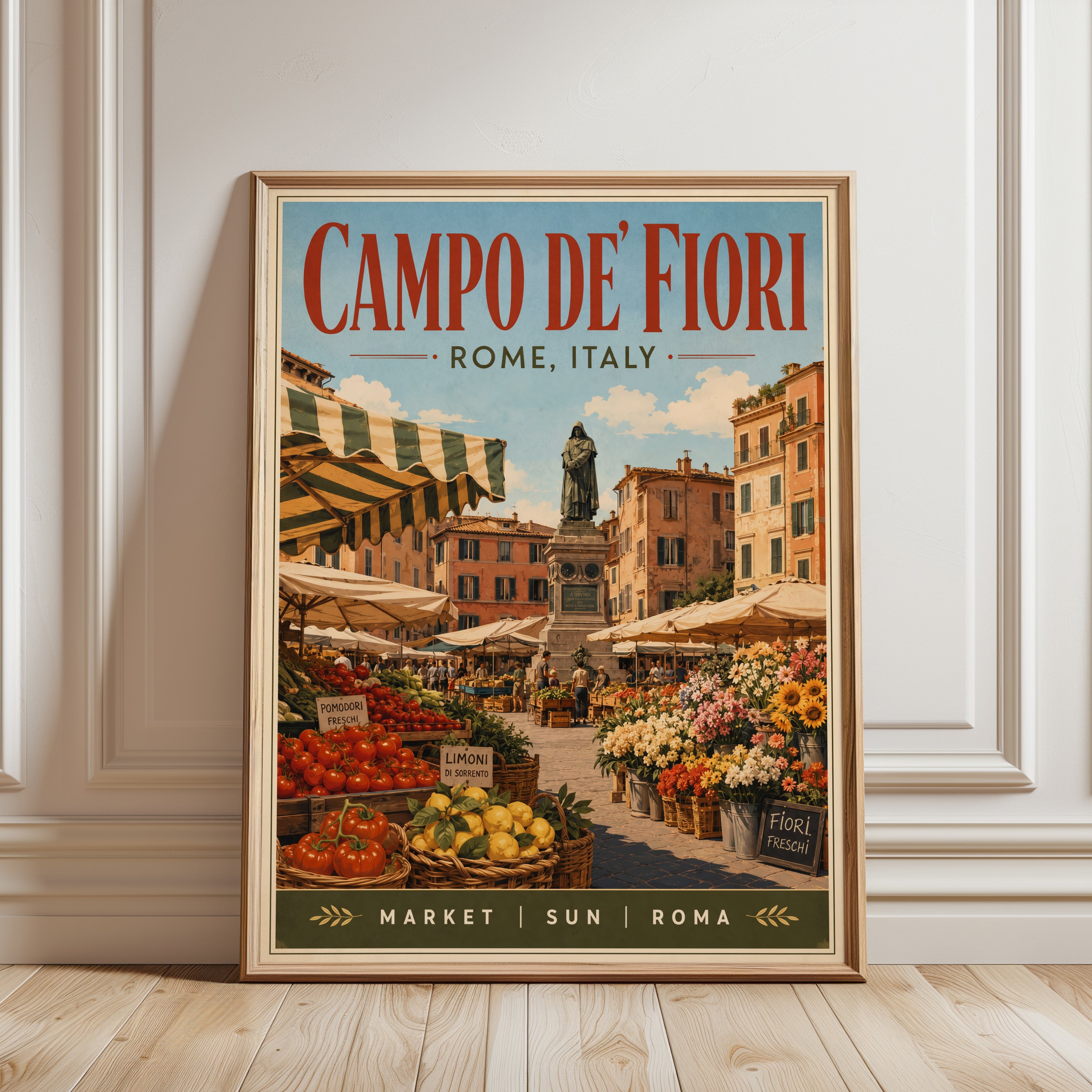 Campo de' Fiori Rome Poster — Vintage Italian Market Travel Print - framed detail