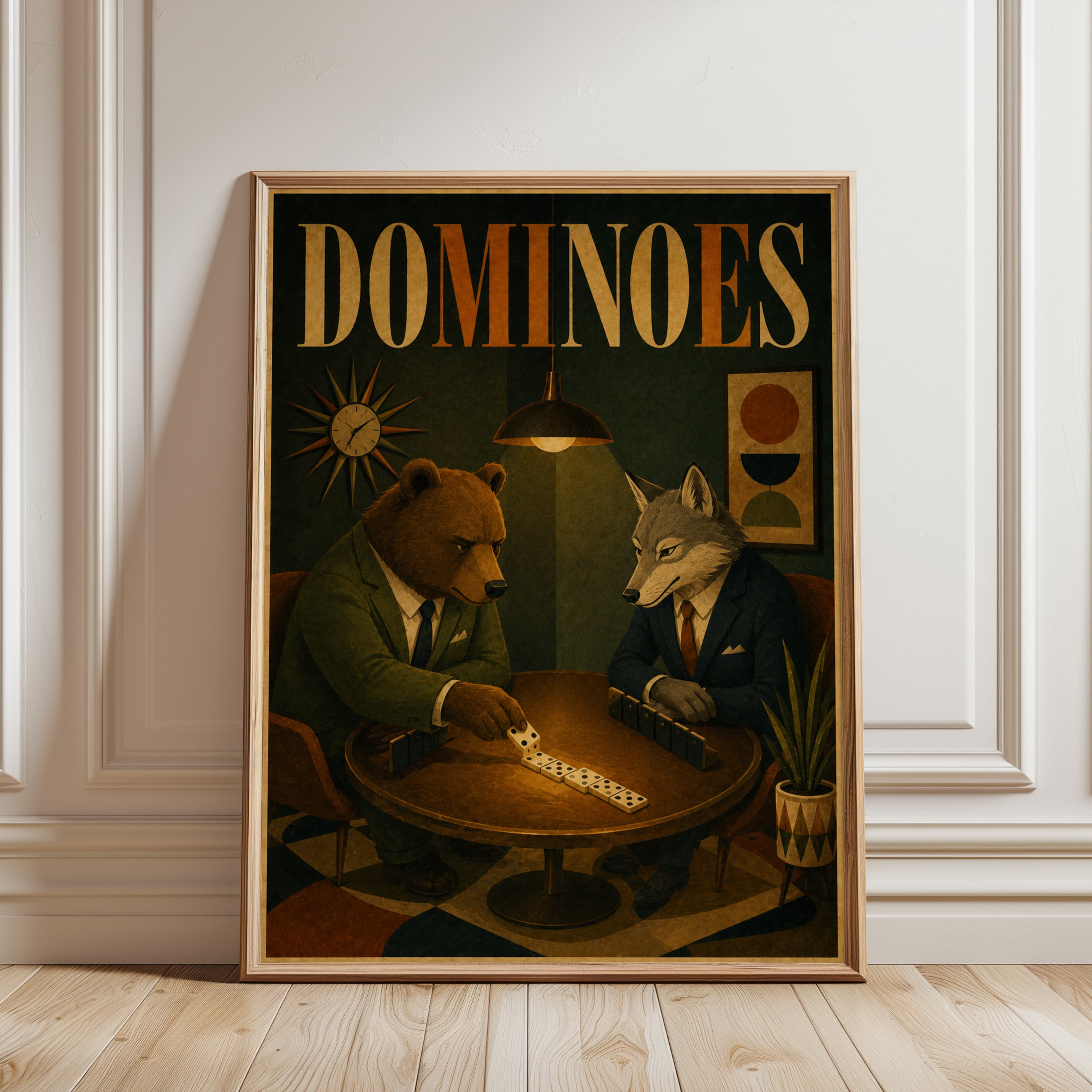 Dominoes Game Art Print: Retro Bear and Wolf Illustration - framed detail