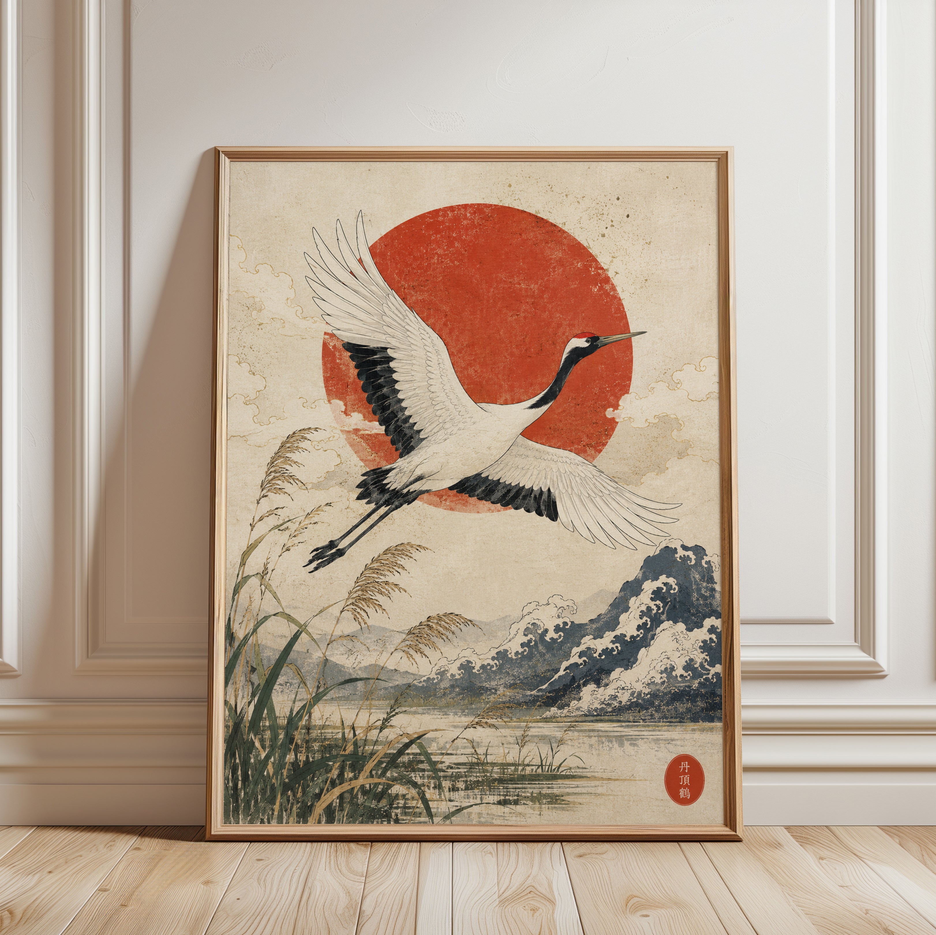 Japanese Crane Art Print: Vintage Red Sun and Wave Design - framed detail