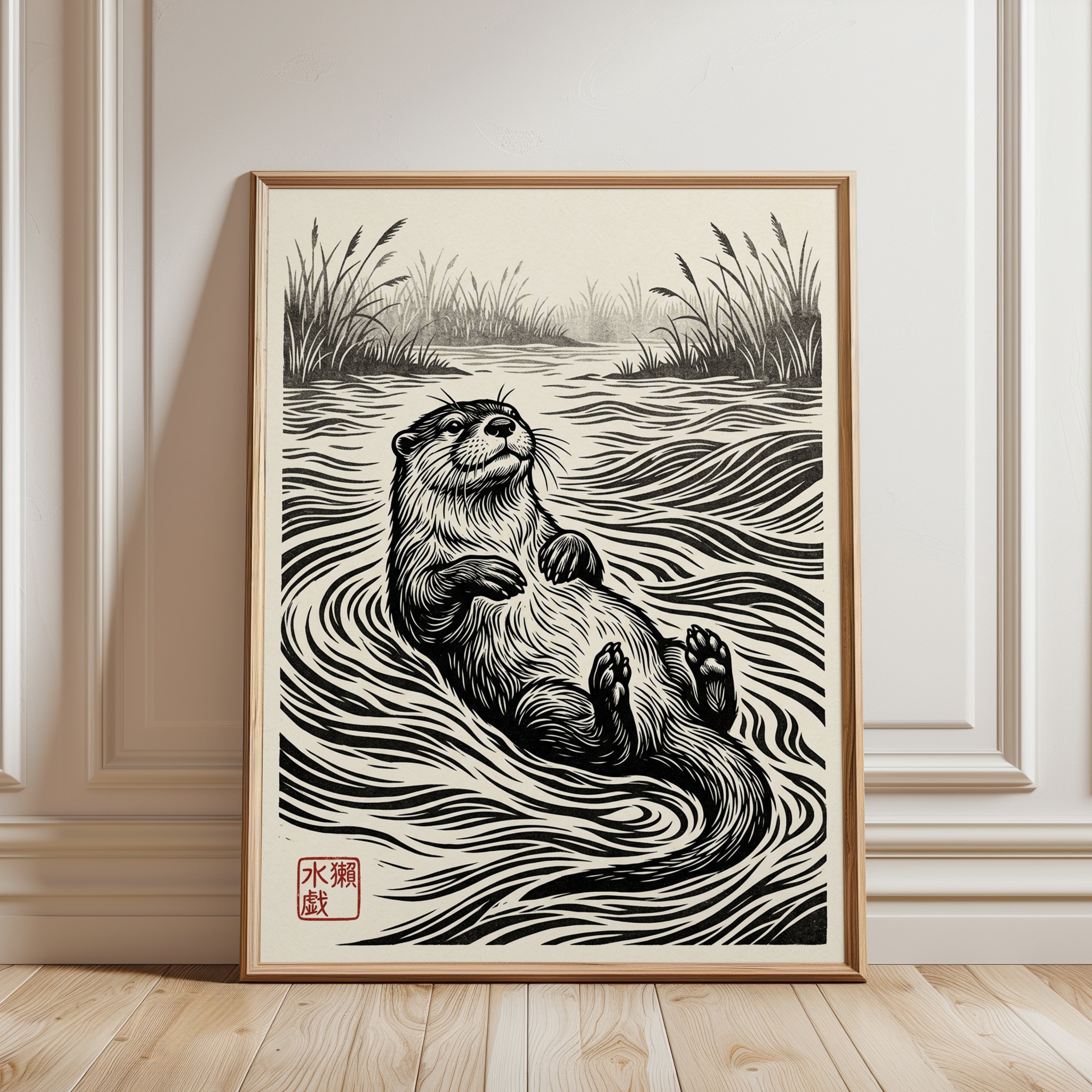 Otter in Water Linocut Print: Black and White Wildlife Art - framed detail