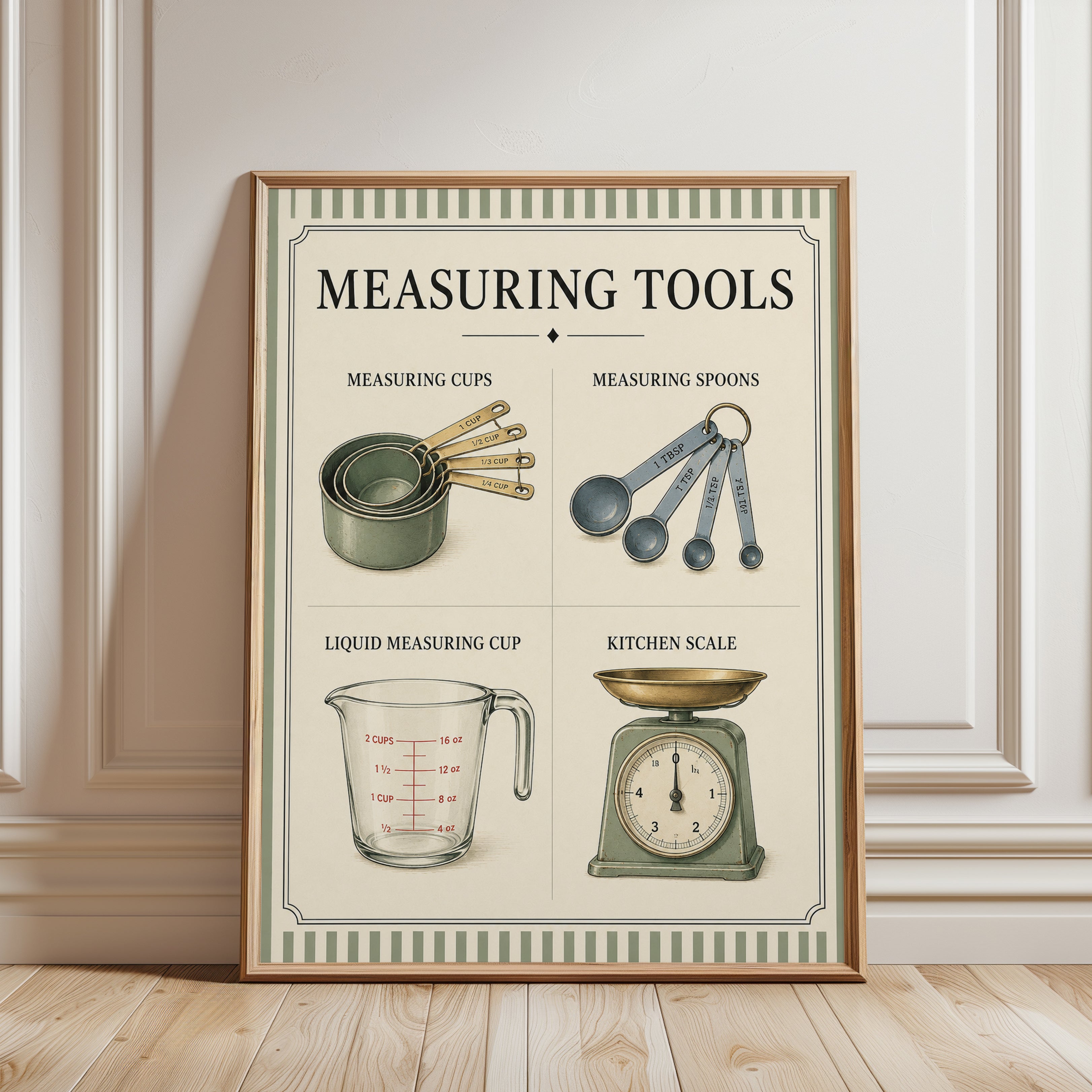 Measuring Tools Kitchen Art Print: Vintage Educational Poster - framed detail