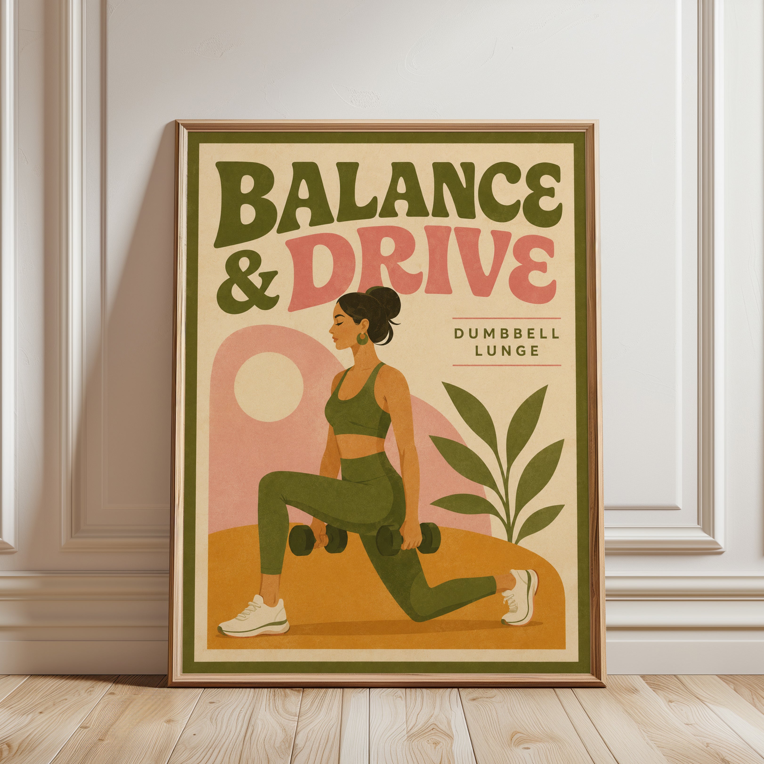 Balance And Drive Fitness Poster: Retro Exercise Wall Art - framed detail
